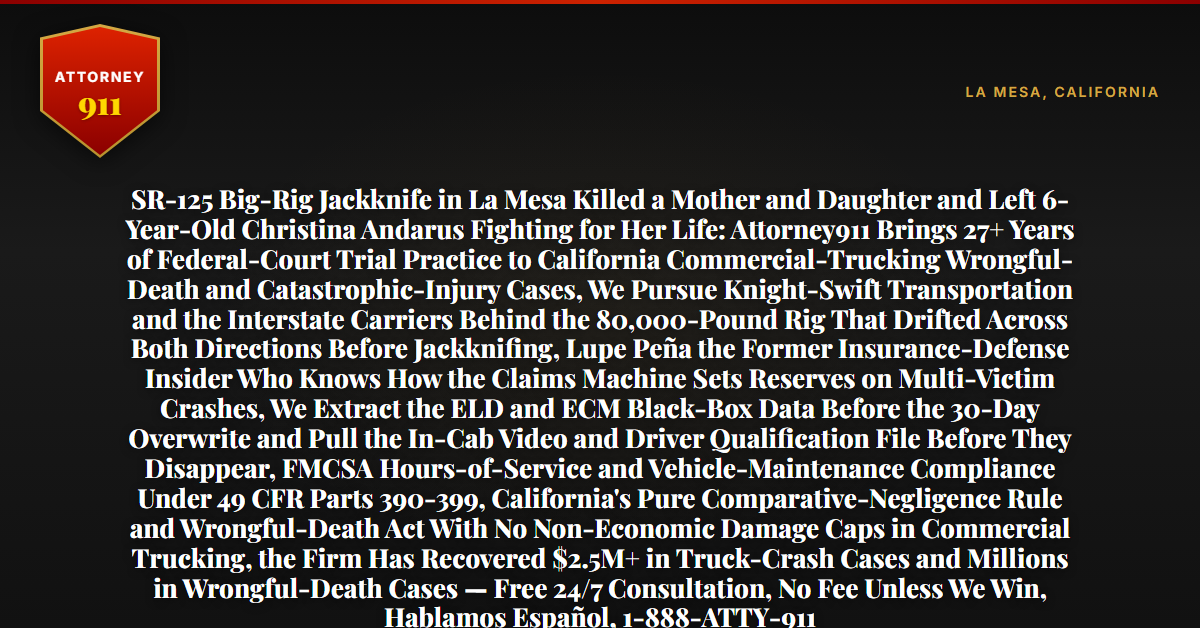 SR-125 Big-Rig Jackknife in La Mesa Killed a Mother and Daughter and Left 6-Year-Old Christina Andarus Fighting for Her Life: Attorney911 Brings 27+ Years of Federal-Court Trial Practice to California Commercial-Trucking Wrongful-Death and Catastrophic-Injury Cases, We Pursue Knight-Swift Transportation and the Interstate Carriers Behind the 80,000-Pound Rig That Drifted Across Both Directions Before Jackknifing, Lupe Peña the Former Insurance-Defense Insider Who Knows How the Claims Machine Sets Reserves on Multi-Victim Crashes, We Extract the ELD and ECM Black-Box Data Before the 30-Day Overwrite and Pull the In-Cab Video and Driver Qualification File Before They Disappear, FMCSA Hours-of-Service and Vehicle-Maintenance Compliance Under 49 CFR Parts 390-399, California's Pure Comparative-Negligence Rule and Wrongful-Death Act With No Non-Economic Damage Caps in Commercial Trucking, the Firm Has Recovered $2.5M+ in Truck-Crash Cases and Millions in Wrongful-Death Cases — Free 24/7 Consultation, No Fee Unless We Win, Hablamos Español, 1-888-ATTY-911 - Attorney911