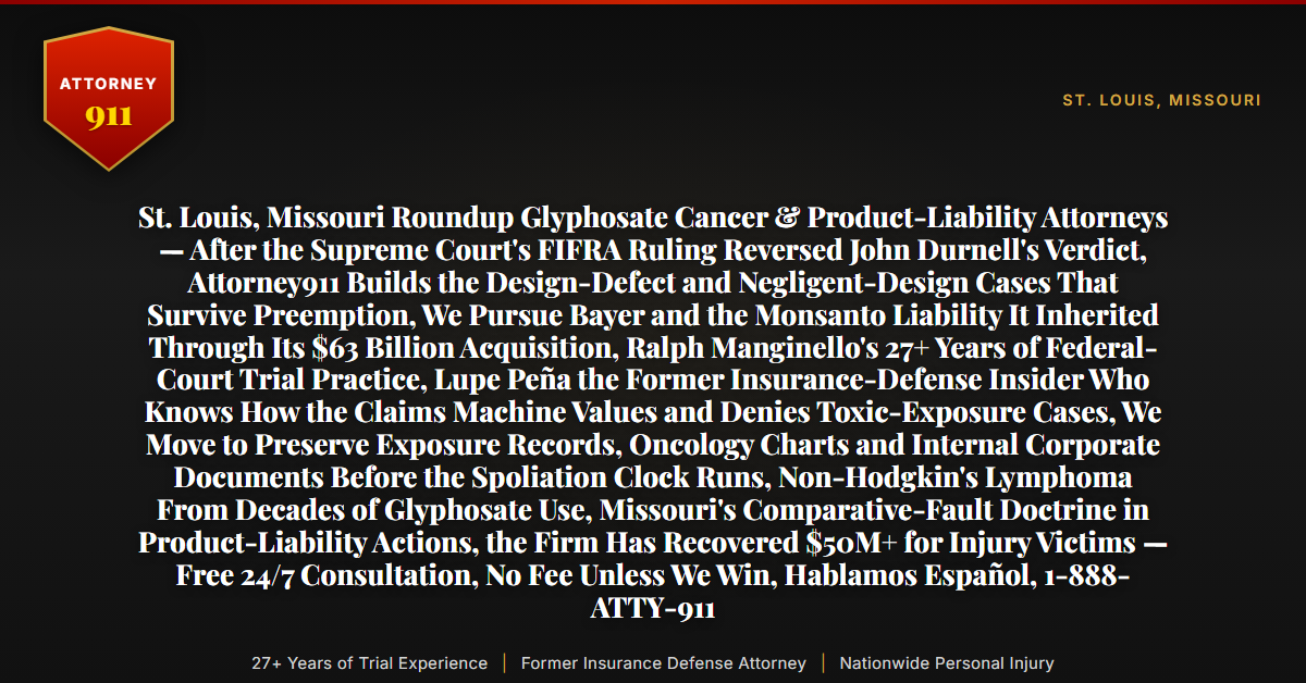 St. Louis, Missouri Roundup Glyphosate Cancer & Product-Liability Attorneys — After the Supreme Court's FIFRA Ruling Reversed John Durnell's Verdict, Attorney911 Builds the Design-Defect and Negligent-Design Cases That Survive Preemption, We Pursue Bayer and the Monsanto Liability It Inherited Through Its $63 Billion Acquisition, Ralph Manginello's 27+ Years of Federal-Court Trial Practice, Lupe Peña the Former Insurance-Defense Insider Who Knows How the Claims Machine Values and Denies Toxic-Exposure Cases, We Move to Preserve Exposure Records, Oncology Charts and Internal Corporate Documents Before the Spoliation Clock Runs, Non-Hodgkin's Lymphoma From Decades of Glyphosate Use, Missouri's Comparative-Fault Doctrine in Product-Liability Actions, the Firm Has Recovered $50M+ for Injury Victims — Free 24/7 Consultation, No Fee Unless We Win, Hablamos Español, 1-888-ATTY-911 - Attorney911