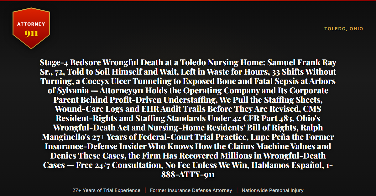 Stage-4 Bedsore Wrongful Death at a Toledo Nursing Home: Samuel Frank Ray Sr., 72, Told to Soil Himself and Wait, Left in Waste for Hours, 33 Shifts Without Turning, a Coccyx Ulcer Tunneling to Exposed Bone and Fatal Sepsis at Arbors of Sylvania — Attorney911 Holds the Operating Company and Its Corporate Parent Behind Profit-Driven Understaffing, We Pull the Staffing Sheets, Wound-Care Logs and EHR Audit Trails Before They Are Revised, CMS Resident-Rights and Staffing Standards Under 42 CFR Part 483, Ohio's Wrongful-Death Act and Nursing-Home Residents' Bill of Rights, Ralph Manginello's 27+ Years of Federal-Court Trial Practice, Lupe Peña the Former Insurance-Defense Insider Who Knows How the Claims Machine Values and Denies These Cases, the Firm Has Recovered Millions in Wrongful-Death Cases — Free 24/7 Consultation, No Fee Unless We Win, Hablamos Español, 1-888-ATTY-911 - Attorney911
