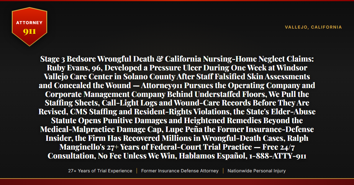 Stage 3 Bedsore Wrongful Death & California Nursing-Home Neglect Claims: Ruby Evans, 96, Developed a Pressure Ulcer During One Week at Windsor Vallejo Care Center in Solano County After Staff Falsified Skin Assessments and Concealed the Wound — Attorney911 Pursues the Operating Company and Corporate Management Company Behind Understaffed Floors, We Pull the Staffing Sheets, Call-Light Logs and Wound-Care Records Before They Are Revised, CMS Staffing and Resident-Rights Violations, the State's Elder-Abuse Statute Opens Punitive Damages and Heightened Remedies Beyond the Medical-Malpractice Damage Cap, Lupe Peña the Former Insurance-Defense Insider, the Firm Has Recovered Millions in Wrongful-Death Cases, Ralph Manginello's 27+ Years of Federal-Court Trial Practice — Free 24/7 Consultation, No Fee Unless We Win, Hablamos Español, 1-888-ATTY-911 - Attorney911