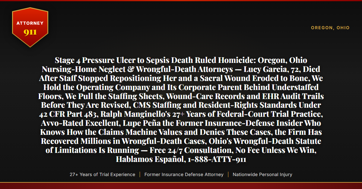 Stage 4 Pressure Ulcer to Sepsis Death Ruled Homicide: Oregon, Ohio Nursing-Home Neglect & Wrongful-Death Attorneys — Lucy Garcia, 72, Died After Staff Stopped Repositioning Her and a Sacral Wound Eroded to Bone, We Hold the Operating Company and Its Corporate Parent Behind Understaffed Floors, We Pull the Staffing Sheets, Wound-Care Records and EHR Audit Trails Before They Are Revised, CMS Staffing and Resident-Rights Standards Under 42 CFR Part 483, Ralph Manginello's 27+ Years of Federal-Court Trial Practice, Avvo-Rated Excellent, Lupe Peña the Former Insurance-Defense Insider Who Knows How the Claims Machine Values and Denies These Cases, the Firm Has Recovered Millions in Wrongful-Death Cases, Ohio's Wrongful-Death Statute of Limitations Is Running — Free 24/7 Consultation, No Fee Unless We Win, Hablamos Español, 1-888-ATTY-911 - Attorney911