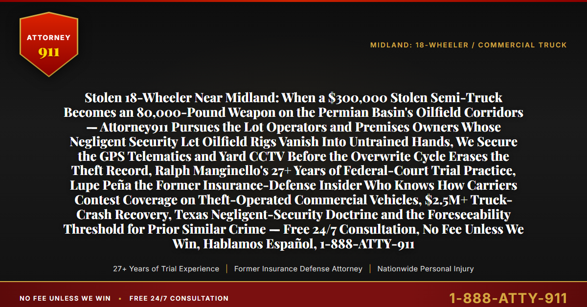 Stolen 18-Wheeler Near Midland: When a $300,000 Stolen Semi-Truck Becomes an 80,000-Pound Weapon on the Permian Basin's Oilfield Corridors — Attorney911 Pursues the Lot Operators and Premises Owners Whose Negligent Security Let Oilfield Rigs Vanish Into Untrained Hands, We Secure the GPS Telematics and Yard CCTV Before the Overwrite Cycle Erases the Theft Record, Ralph Manginello's 27+ Years of Federal-Court Trial Practice, Lupe Peña the Former Insurance-Defense Insider Who Knows How Carriers Contest Coverage on Theft-Operated Commercial Vehicles, $2.5M+ Truck-Crash Recovery, Texas Negligent-Security Doctrine and the Foreseeability Threshold for Prior Similar Crime — Free 24/7 Consultation, No Fee Unless We Win, Hablamos Español, 1-888-ATTY-911 - Attorney911