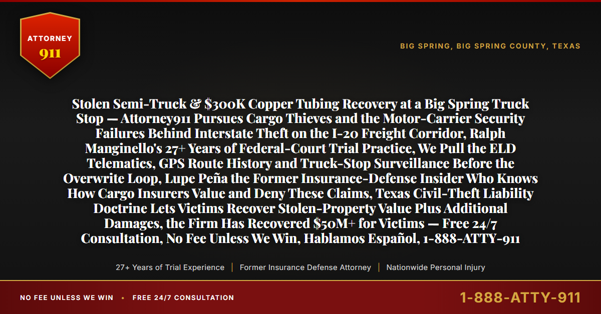 Stolen Semi-Truck & $300K Copper Tubing Recovery at a Big Spring Truck Stop — Attorney911 Pursues Cargo Thieves and the Motor-Carrier Security Failures Behind Interstate Theft on the I-20 Freight Corridor, Ralph Manginello's 27+ Years of Federal-Court Trial Practice, We Pull the ELD Telematics, GPS Route History and Truck-Stop Surveillance Before the Overwrite Loop, Lupe Peña the Former Insurance-Defense Insider Who Knows How Cargo Insurers Value and Deny These Claims, Texas Civil-Theft Liability Doctrine Lets Victims Recover Stolen-Property Value Plus Additional Damages, the Firm Has Recovered $50M+ for Victims — Free 24/7 Consultation, No Fee Unless We Win, Hablamos Español, 1-888-ATTY-911 - Attorney911