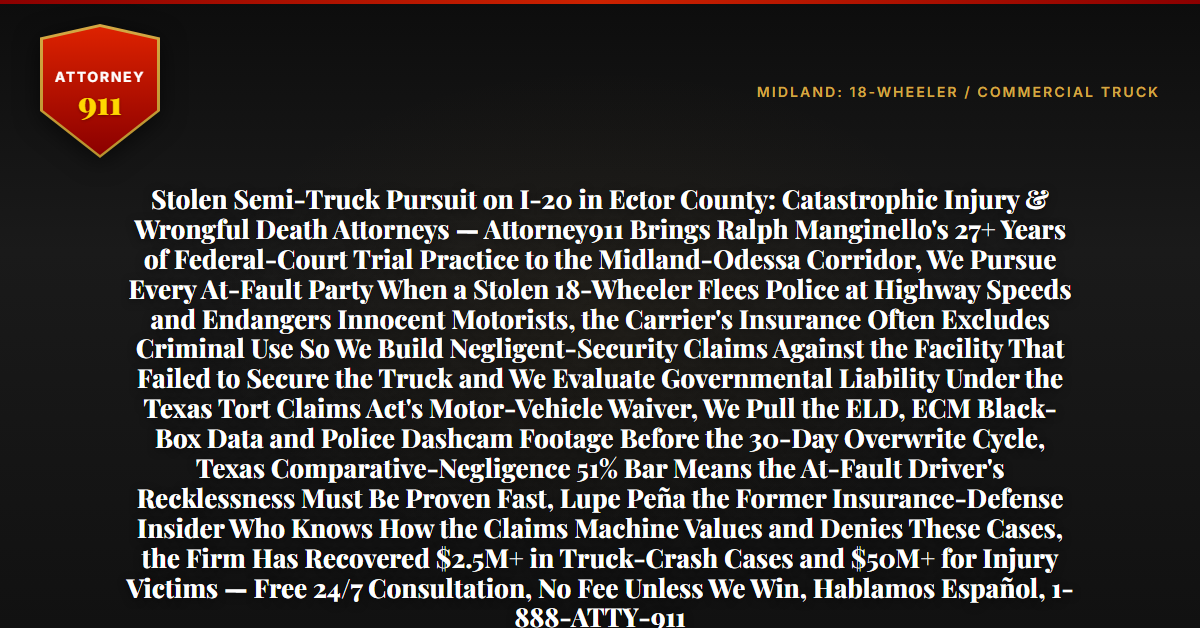 Stolen Semi-Truck Pursuit on I-20 in Ector County: Catastrophic Injury & Wrongful Death Attorneys — Attorney911 Brings Ralph Manginello's 27+ Years of Federal-Court Trial Practice to the Midland-Odessa Corridor, We Pursue Every At-Fault Party When a Stolen 18-Wheeler Flees Police at Highway Speeds and Endangers Innocent Motorists, the Carrier's Insurance Often Excludes Criminal Use So We Build Negligent-Security Claims Against the Facility That Failed to Secure the Truck and We Evaluate Governmental Liability Under the Texas Tort Claims Act's Motor-Vehicle Waiver, We Pull the ELD, ECM Black-Box Data and Police Dashcam Footage Before the 30-Day Overwrite Cycle, Texas Comparative-Negligence 51% Bar Means the At-Fault Driver's Recklessness Must Be Proven Fast, Lupe Peña the Former Insurance-Defense Insider Who Knows How the Claims Machine Values and Denies These Cases, the Firm Has Recovered $2.5M+ in Truck-Crash Cases and $50M+ for Injury Victims — Free 24/7 Consultation, No Fee Unless We Win, Hablamos Español, 1-888-ATTY-911 - Attorney911