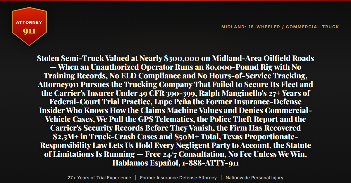 Stolen Semi-Truck Valued at Nearly $300,000 on Midland-Area Oilfield Roads — When an Unauthorized Operator Runs an 80,000-Pound Rig with No Training Records, No ELD Compliance and No Hours-of-Service Tracking, Attorney911 Pursues the Trucking Company That Failed to Secure Its Fleet and the Carrier's Insurer Under 49 CFR 390-399, Ralph Manginello's 27+ Years of Federal-Court Trial Practice, Lupe Peña the Former Insurance-Defense Insider Who Knows How the Claims Machine Values and Denies Commercial-Vehicle Cases, We Pull the GPS Telematics, the Police Theft Report and the Carrier's Security Records Before They Vanish, the Firm Has Recovered $2.5M+ in Truck-Crash Cases and $50M+ Total, Texas Proportionate-Responsibility Law Lets Us Hold Every Negligent Party to Account, the Statute of Limitations Is Running — Free 24/7 Consultation, No Fee Unless We Win, Hablamos Español, 1-888-ATTY-911 - Attorney911
