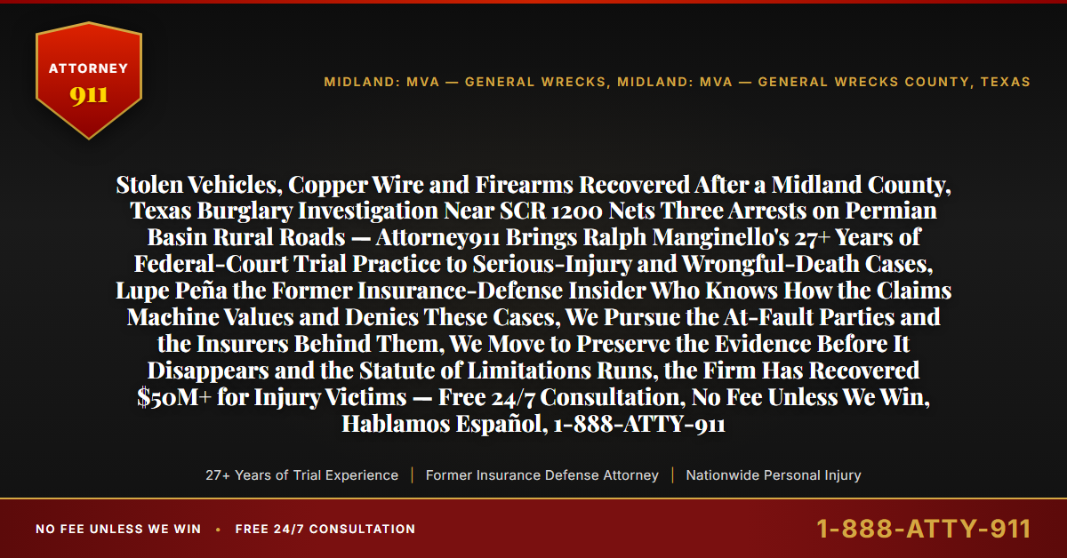 Stolen Vehicles, Copper Wire and Firearms Recovered After a Midland County, Texas Burglary Investigation Near SCR 1200 Nets Three Arrests on Permian Basin Rural Roads — Attorney911 Brings Ralph Manginello's 27+ Years of Federal-Court Trial Practice to Serious-Injury and Wrongful-Death Cases, Lupe Peña the Former Insurance-Defense Insider Who Knows How the Claims Machine Values and Denies These Cases, We Pursue the At-Fault Parties and the Insurers Behind Them, We Move to Preserve the Evidence Before It Disappears and the Statute of Limitations Runs, the Firm Has Recovered $50M+ for Injury Victims — Free 24/7 Consultation, No Fee Unless We Win, Hablamos Español, 1-888-ATTY-911 - Attorney911