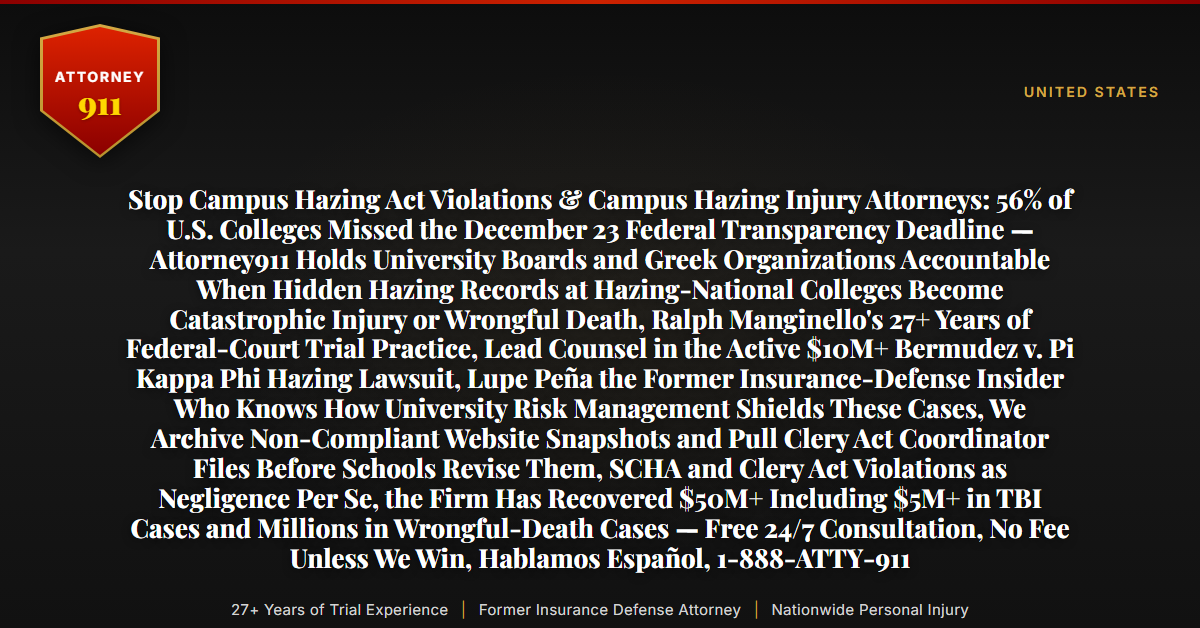 Stop Campus Hazing Act Violations & Campus Hazing Injury Attorneys: 56% of U.S. Colleges Missed the December 23 Federal Transparency Deadline — Attorney911 Holds University Boards and Greek Organizations Accountable When Hidden Hazing Records at Hazing-National Colleges Become Catastrophic Injury or Wrongful Death, Ralph Manginello's 27+ Years of Federal-Court Trial Practice, Lead Counsel in the Active $10M+ Bermudez v. Pi Kappa Phi Hazing Lawsuit, Lupe Peña the Former Insurance-Defense Insider Who Knows How University Risk Management Shields These Cases, We Archive Non-Compliant Website Snapshots and Pull Clery Act Coordinator Files Before Schools Revise Them, SCHA and Clery Act Violations as Negligence Per Se, the Firm Has Recovered $50M+ Including $5M+ in TBI Cases and Millions in Wrongful-Death Cases — Free 24/7 Consultation, No Fee Unless We Win, Hablamos Español, 1-888-ATTY-911 - Attorney911