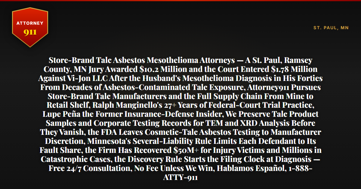 Store-Brand Talc Asbestos Mesothelioma Attorneys — A St. Paul, Ramsey County, MN Jury Awarded $10.2 Million and the Court Entered $1.78 Million Against Vi-Jon LLC After the Husband's Mesothelioma Diagnosis in His Forties From Decades of Asbestos-Contaminated Talc Exposure, Attorney911 Pursues Store-Brand Talc Manufacturers and the Full Supply Chain From Mine to Retail Shelf, Ralph Manginello's 27+ Years of Federal-Court Trial Practice, Lupe Peña the Former Insurance-Defense Insider, We Preserve Talc Product Samples and Corporate Testing Records for TEM and XRD Analysis Before They Vanish, the FDA Leaves Cosmetic-Talc Asbestos Testing to Manufacturer Discretion, Minnesota's Several-Liability Rule Limits Each Defendant to Its Fault Share, the Firm Has Recovered $50M+ for Injury Victims and Millions in Catastrophic Cases, the Discovery Rule Starts the Filing Clock at Diagnosis — Free 24/7 Consultation, No Fee Unless We Win, Hablamos Español, 1-888-ATTY-911 - Attorney911