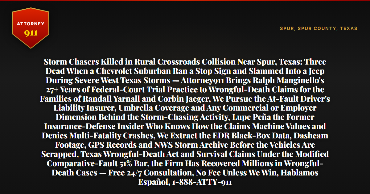 Storm Chasers Killed in Rural Crossroads Collision Near Spur, Texas: Three Dead When a Chevrolet Suburban Ran a Stop Sign and Slammed Into a Jeep During Severe West Texas Storms — Attorney911 Brings Ralph Manginello's 27+ Years of Federal-Court Trial Practice to Wrongful-Death Claims for the Families of Randall Yarnall and Corbin Jaeger, We Pursue the At-Fault Driver's Liability Insurer, Umbrella Coverage and Any Commercial or Employer Dimension Behind the Storm-Chasing Activity, Lupe Peña the Former Insurance-Defense Insider Who Knows How the Claims Machine Values and Denies Multi-Fatality Crashes, We Extract the EDR Black-Box Data, Dashcam Footage, GPS Records and NWS Storm Archive Before the Vehicles Are Scrapped, Texas Wrongful-Death Act and Survival Claims Under the Modified Comparative-Fault 51% Bar, the Firm Has Recovered Millions in Wrongful-Death Cases — Free 24/7 Consultation, No Fee Unless We Win, Hablamos Español, 1-888-ATTY-911 - Attorney911