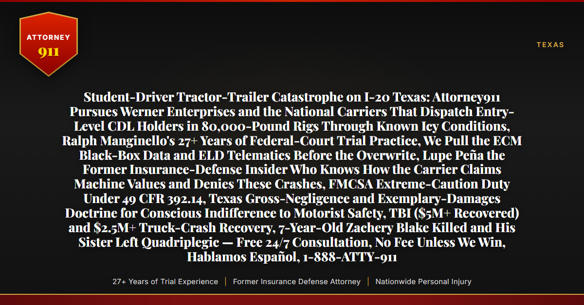 Student-Driver Tractor-Trailer Catastrophe on I-20 Texas: Attorney911 Pursues Werner Enterprises and the National Carriers That Dispatch Entry-Level CDL Holders in 80,000-Pound Rigs Through Known Icy Conditions, Ralph Manginello's 27+ Years of Federal-Court Trial Practice, We Pull the ECM Black-Box Data and ELD Telematics Before the Overwrite, Lupe Peña the Former Insurance-Defense Insider Who Knows How the Carrier Claims Machine Values and Denies These Crashes, FMCSA Extreme-Caution Duty Under 49 CFR 392.14, Texas Gross-Negligence and Exemplary-Damages Doctrine for Conscious Indifference to Motorist Safety, TBI ($5M+ Recovered) and $2.5M+ Truck-Crash Recovery, 7-Year-Old Zachery Blake Killed and His Sister Left Quadriplegic — Free 24/7 Consultation, No Fee Unless We Win, Hablamos Español, 1-888-ATTY-911 - Attorney911