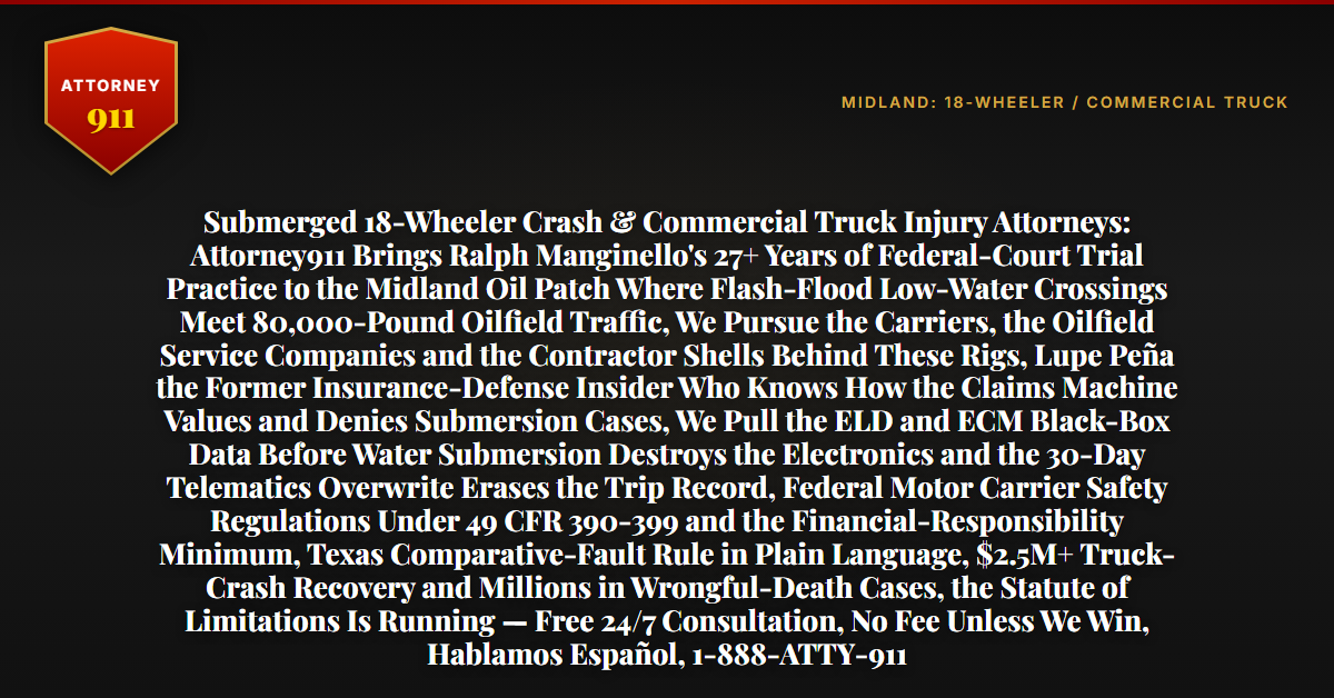 Submerged 18-Wheeler Crash & Commercial Truck Injury Attorneys: Attorney911 Brings Ralph Manginello's 27+ Years of Federal-Court Trial Practice to the Midland Oil Patch Where Flash-Flood Low-Water Crossings Meet 80,000-Pound Oilfield Traffic, We Pursue the Carriers, the Oilfield Service Companies and the Contractor Shells Behind These Rigs, Lupe Peña the Former Insurance-Defense Insider Who Knows How the Claims Machine Values and Denies Submersion Cases, We Pull the ELD and ECM Black-Box Data Before Water Submersion Destroys the Electronics and the 30-Day Telematics Overwrite Erases the Trip Record, Federal Motor Carrier Safety Regulations Under 49 CFR 390-399 and the Financial-Responsibility Minimum, Texas Comparative-Fault Rule in Plain Language, $2.5M+ Truck-Crash Recovery and Millions in Wrongful-Death Cases, the Statute of Limitations Is Running — Free 24/7 Consultation, No Fee Unless We Win, Hablamos Español, 1-888-ATTY-911 - Attorney911