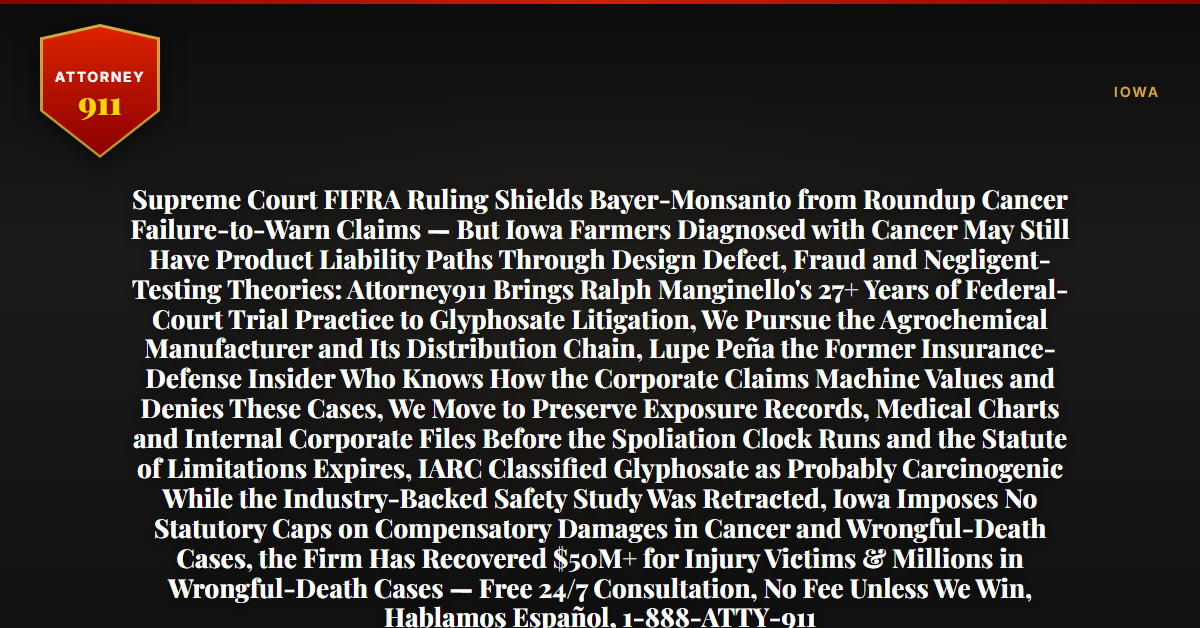 Supreme Court FIFRA Ruling Shields Bayer-Monsanto from Roundup Cancer Failure-to-Warn Claims — But Iowa Farmers Diagnosed with Cancer May Still Have Product Liability Paths Through Design Defect, Fraud and Negligent-Testing Theories: Attorney911 Brings Ralph Manginello's 27+ Years of Federal-Court Trial Practice to Glyphosate Litigation, We Pursue the Agrochemical Manufacturer and Its Distribution Chain, Lupe Peña the Former Insurance-Defense Insider Who Knows How the Corporate Claims Machine Values and Denies These Cases, We Move to Preserve Exposure Records, Medical Charts and Internal Corporate Files Before the Spoliation Clock Runs and the Statute of Limitations Expires, IARC Classified Glyphosate as Probably Carcinogenic While the Industry-Backed Safety Study Was Retracted, Iowa Imposes No Statutory Caps on Compensatory Damages in Cancer and Wrongful-Death Cases, the Firm Has Recovered $50M+ for Injury Victims & Millions in Wrongful-Death Cases — Free 24/7 Consultation, No Fee Unless We Win, Hablamos Español, 1-888-ATTY-911 - Attorney911