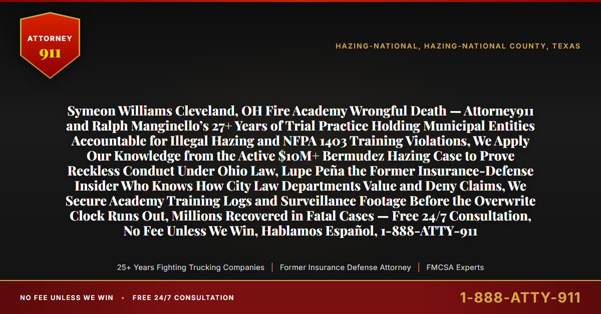 Symeon Williams Cleveland, OH Fire Academy Wrongful Death — Attorney911 and Ralph Manginello’s 27+ Years of Trial Practice Holding Municipal Entities Accountable for Illegal Hazing and NFPA 1403 Training Violations, We Apply Our Knowledge from the Active $10M+ Bermudez Hazing Case to Prove Reckless Conduct Under Ohio Law, Lupe Peña the Former Insurance-Defense Insider Who Knows How City Law Departments Value and Deny Claims, We Secure Academy Training Logs and Surveillance Footage Before the Overwrite Clock Runs Out, Millions Recovered in Fatal Cases — Free 24/7 Consultation, No Fee Unless We Win, Hablamos Español, 1-888-ATTY-911 - Attorney911