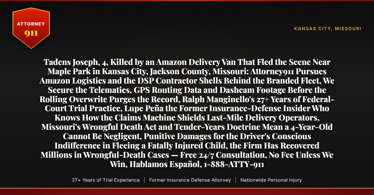 Tadens Joseph, 4, Killed by an Amazon Delivery Van That Fled the Scene Near Maple Park in Kansas City, Jackson County, Missouri: Attorney911 Pursues Amazon Logistics and the DSP Contractor Shells Behind the Branded Fleet, We Secure the Telematics, GPS Routing Data and Dashcam Footage Before the Rolling Overwrite Purges the Record, Ralph Manginello's 27+ Years of Federal-Court Trial Practice, Lupe Peña the Former Insurance-Defense Insider Who Knows How the Claims Machine Shields Last-Mile Delivery Operators, Missouri's Wrongful Death Act and Tender-Years Doctrine Mean a 4-Year-Old Cannot Be Negligent, Punitive Damages for the Driver's Conscious Indifference in Fleeing a Fatally Injured Child, the Firm Has Recovered Millions in Wrongful-Death Cases — Free 24/7 Consultation, No Fee Unless We Win, Hablamos Español, 1-888-ATTY-911 - Attorney911