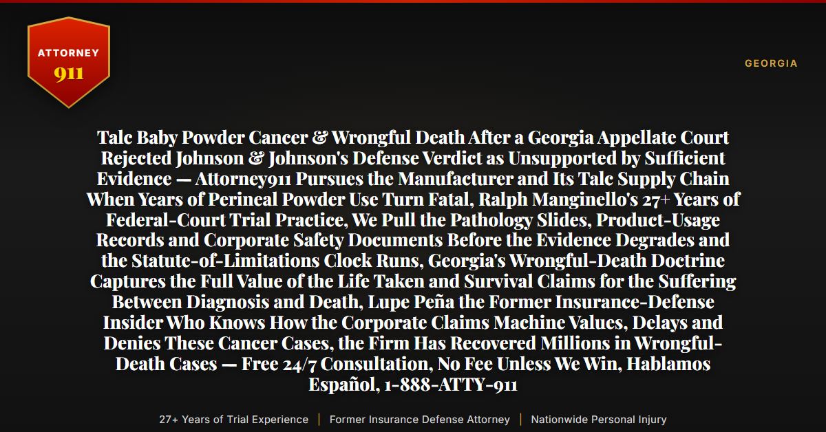 Talc Baby Powder Cancer & Wrongful Death After a Georgia Appellate Court Rejected Johnson & Johnson's Defense Verdict as Unsupported by Sufficient Evidence — Attorney911 Pursues the Manufacturer and Its Talc Supply Chain When Years of Perineal Powder Use Turn Fatal, Ralph Manginello's 27+ Years of Federal-Court Trial Practice, We Pull the Pathology Slides, Product-Usage Records and Corporate Safety Documents Before the Evidence Degrades and the Statute-of-Limitations Clock Runs, Georgia's Wrongful-Death Doctrine Captures the Full Value of the Life Taken and Survival Claims for the Suffering Between Diagnosis and Death, Lupe Peña the Former Insurance-Defense Insider Who Knows How the Corporate Claims Machine Values, Delays and Denies These Cancer Cases, the Firm Has Recovered Millions in Wrongful-Death Cases — Free 24/7 Consultation, No Fee Unless We Win, Hablamos Español, 1-888-ATTY-911 - Attorney911