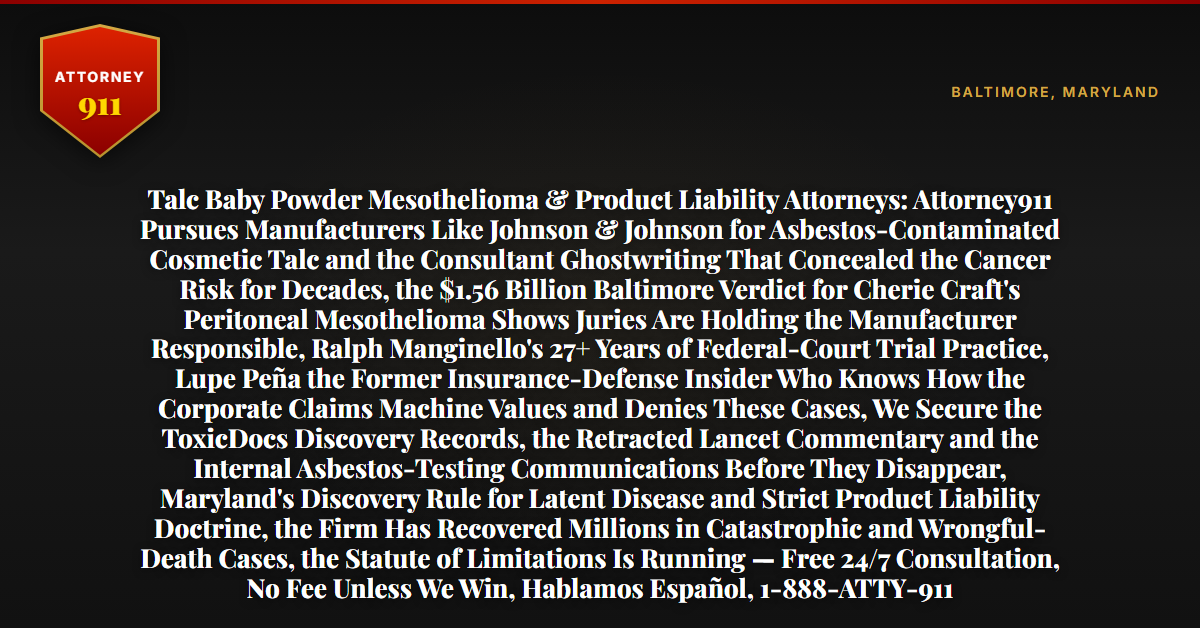Talc Baby Powder Mesothelioma & Product Liability Attorneys: Attorney911 Pursues Manufacturers Like Johnson & Johnson for Asbestos-Contaminated Cosmetic Talc and the Consultant Ghostwriting That Concealed the Cancer Risk for Decades, the $1.56 Billion Baltimore Verdict for Cherie Craft's Peritoneal Mesothelioma Shows Juries Are Holding the Manufacturer Responsible, Ralph Manginello's 27+ Years of Federal-Court Trial Practice, Lupe Peña the Former Insurance-Defense Insider Who Knows How the Corporate Claims Machine Values and Denies These Cases, We Secure the ToxicDocs Discovery Records, the Retracted Lancet Commentary and the Internal Asbestos-Testing Communications Before They Disappear, Maryland's Discovery Rule for Latent Disease and Strict Product Liability Doctrine, the Firm Has Recovered Millions in Catastrophic and Wrongful-Death Cases, the Statute of Limitations Is Running — Free 24/7 Consultation, No Fee Unless We Win, Hablamos Español, 1-888-ATTY-911 - Attorney911