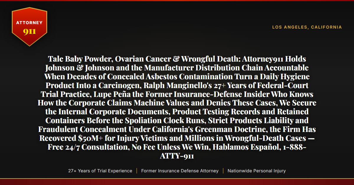 Talc Baby Powder, Ovarian Cancer & Wrongful Death: Attorney911 Holds Johnson & Johnson and the Manufacturer Distribution Chain Accountable When Decades of Concealed Asbestos Contamination Turn a Daily Hygiene Product Into a Carcinogen, Ralph Manginello's 27+ Years of Federal-Court Trial Practice, Lupe Peña the Former Insurance-Defense Insider Who Knows How the Corporate Claims Machine Values and Denies These Cases, We Secure the Internal Corporate Documents, Product Testing Records and Retained Containers Before the Spoliation Clock Runs, Strict Products Liability and Fraudulent Concealment Under California's Greenman Doctrine, the Firm Has Recovered $50M+ for Injury Victims and Millions in Wrongful-Death Cases — Free 24/7 Consultation, No Fee Unless We Win, Hablamos Español, 1-888-ATTY-911 - Attorney911