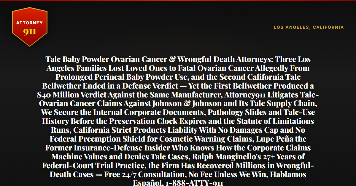 Talc Baby Powder Ovarian Cancer & Wrongful Death Attorneys: Three Los Angeles Families Lost Loved Ones to Fatal Ovarian Cancer Allegedly From Prolonged Perineal Baby Powder Use, and the Second California Talc Bellwether Ended in a Defense Verdict — Yet the First Bellwether Produced a $40 Million Verdict Against the Same Manufacturer, Attorney911 Litigates Talc-Ovarian Cancer Claims Against Johnson & Johnson and Its Talc Supply Chain, We Secure the Internal Corporate Documents, Pathology Slides and Talc-Use History Before the Preservation Clock Expires and the Statute of Limitations Runs, California Strict Products Liability With No Damages Cap and No Federal Preemption Shield for Cosmetic Warning Claims, Lupe Peña the Former Insurance-Defense Insider Who Knows How the Corporate Claims Machine Values and Denies Talc Cases, Ralph Manginello's 27+ Years of Federal-Court Trial Practice, the Firm Has Recovered Millions in Wrongful-Death Cases — Free 24/7 Consultation, No Fee Unless We Win, Hablamos Español, 1-888-ATTY-911 - Attorney911
