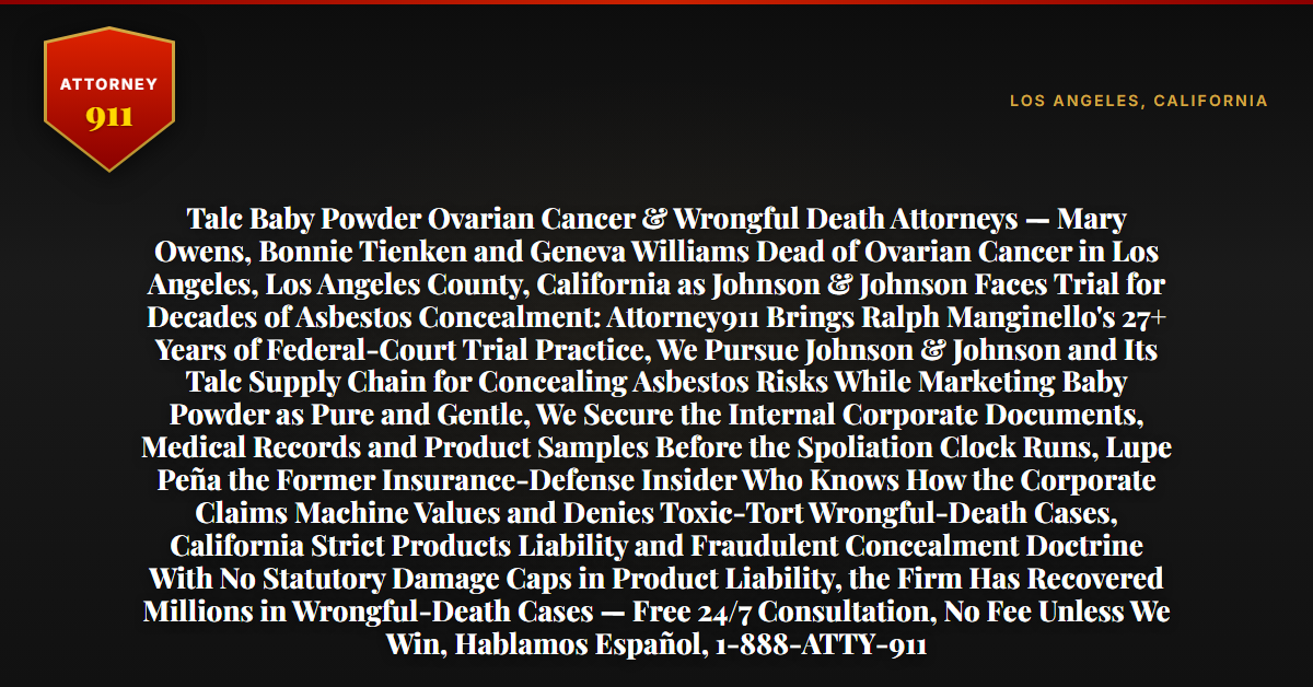 Talc Baby Powder Ovarian Cancer & Wrongful Death Attorneys — Mary Owens, Bonnie Tienken and Geneva Williams Dead of Ovarian Cancer in Los Angeles, Los Angeles County, California as Johnson & Johnson Faces Trial for Decades of Asbestos Concealment: Attorney911 Brings Ralph Manginello's 27+ Years of Federal-Court Trial Practice, We Pursue Johnson & Johnson and Its Talc Supply Chain for Concealing Asbestos Risks While Marketing Baby Powder as Pure and Gentle, We Secure the Internal Corporate Documents, Medical Records and Product Samples Before the Spoliation Clock Runs, Lupe Peña the Former Insurance-Defense Insider Who Knows How the Corporate Claims Machine Values and Denies Toxic-Tort Wrongful-Death Cases, California Strict Products Liability and Fraudulent Concealment Doctrine With No Statutory Damage Caps in Product Liability, the Firm Has Recovered Millions in Wrongful-Death Cases — Free 24/7 Consultation, No Fee Unless We Win, Hablamos Español, 1-888-ATTY-911 - Attorney911