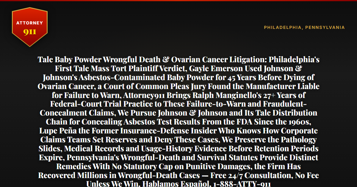 Talc Baby Powder Wrongful Death & Ovarian Cancer Litigation: Philadelphia's First Talc Mass Tort Plaintiff Verdict, Gayle Emerson Used Johnson & Johnson's Asbestos-Contaminated Baby Powder for 45 Years Before Dying of Ovarian Cancer, a Court of Common Pleas Jury Found the Manufacturer Liable for Failure to Warn, Attorney911 Brings Ralph Manginello's 27+ Years of Federal-Court Trial Practice to These Failure-to-Warn and Fraudulent-Concealment Claims, We Pursue Johnson & Johnson and Its Talc Distribution Chain for Concealing Asbestos Test Results From the FDA Since the 1960s, Lupe Peña the Former Insurance-Defense Insider Who Knows How Corporate Claims Teams Set Reserves and Deny These Cases, We Preserve the Pathology Slides, Medical Records and Usage-History Evidence Before Retention Periods Expire, Pennsylvania's Wrongful-Death and Survival Statutes Provide Distinct Remedies With No Statutory Cap on Punitive Damages, the Firm Has Recovered Millions in Wrongful-Death Cases — Free 24/7 Consultation, No Fee Unless We Win, Hablamos Español, 1-888-ATTY-911 - Attorney911