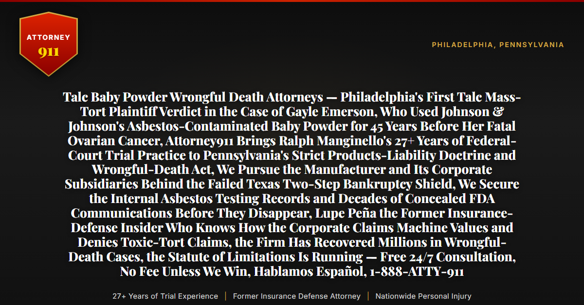 Talc Baby Powder Wrongful Death Attorneys — Philadelphia's First Talc Mass-Tort Plaintiff Verdict in the Case of Gayle Emerson, Who Used Johnson & Johnson's Asbestos-Contaminated Baby Powder for 45 Years Before Her Fatal Ovarian Cancer, Attorney911 Brings Ralph Manginello's 27+ Years of Federal-Court Trial Practice to Pennsylvania's Strict Products-Liability Doctrine and Wrongful-Death Act, We Pursue the Manufacturer and Its Corporate Subsidiaries Behind the Failed Texas Two-Step Bankruptcy Shield, We Secure the Internal Asbestos Testing Records and Decades of Concealed FDA Communications Before They Disappear, Lupe Peña the Former Insurance-Defense Insider Who Knows How the Corporate Claims Machine Values and Denies Toxic-Tort Claims, the Firm Has Recovered Millions in Wrongful-Death Cases, the Statute of Limitations Is Running — Free 24/7 Consultation, No Fee Unless We Win, Hablamos Español, 1-888-ATTY-911 - Attorney911