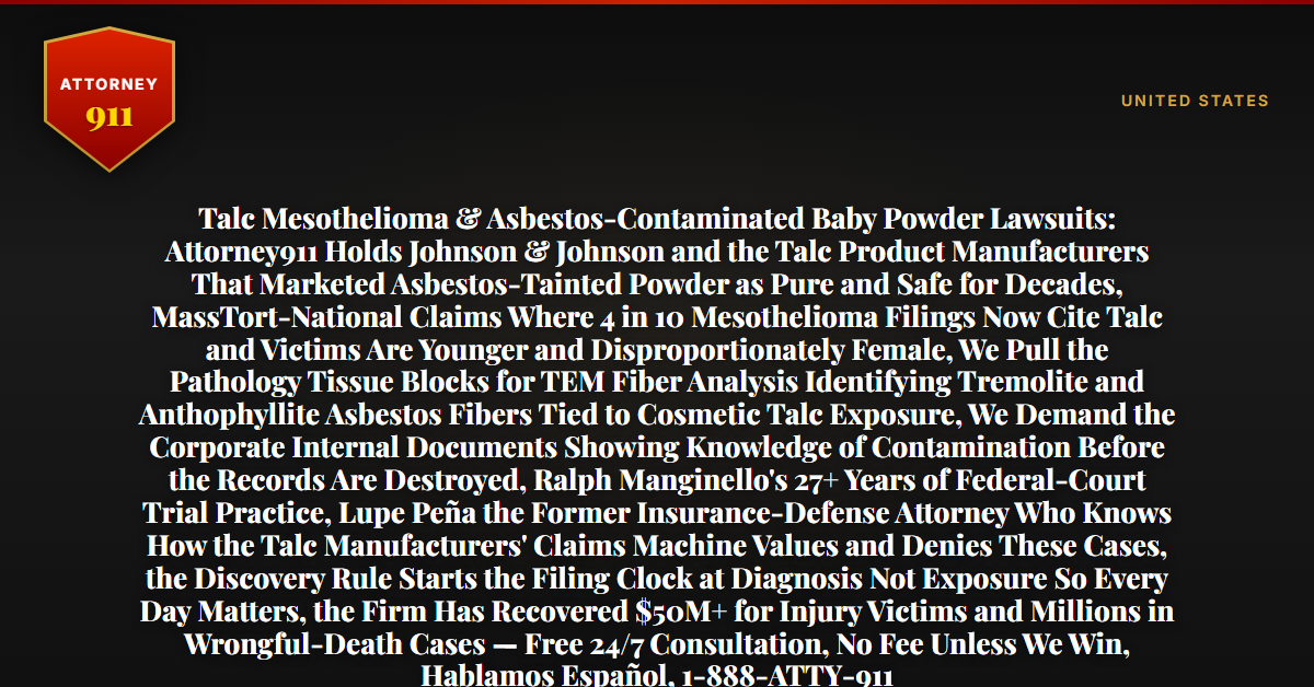 Talc Mesothelioma & Asbestos-Contaminated Baby Powder Lawsuits: Attorney911 Holds Johnson & Johnson and the Talc Product Manufacturers That Marketed Asbestos-Tainted Powder as Pure and Safe for Decades, MassTort-National Claims Where 4 in 10 Mesothelioma Filings Now Cite Talc and Victims Are Younger and Disproportionately Female, We Pull the Pathology Tissue Blocks for TEM Fiber Analysis Identifying Tremolite and Anthophyllite Asbestos Fibers Tied to Cosmetic Talc Exposure, We Demand the Corporate Internal Documents Showing Knowledge of Contamination Before the Records Are Destroyed, Ralph Manginello's 27+ Years of Federal-Court Trial Practice, Lupe Peña the Former Insurance-Defense Attorney Who Knows How the Talc Manufacturers' Claims Machine Values and Denies These Cases, the Discovery Rule Starts the Filing Clock at Diagnosis Not Exposure So Every Day Matters, the Firm Has Recovered $50M+ for Injury Victims and Millions in Wrongful-Death Cases — Free 24/7 Consultation, No Fee Unless We Win, Hablamos Español, 1-888-ATTY-911 - Attorney911