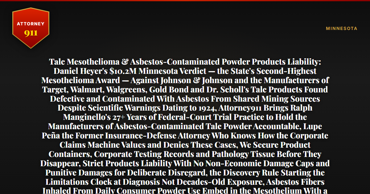 Talc Mesothelioma & Asbestos-Contaminated Powder Products Liability: Daniel Heyer's $10.2M Minnesota Verdict — the State's Second-Highest Mesothelioma Award — Against Johnson & Johnson and the Manufacturers of Target, Walmart, Walgreens, Gold Bond and Dr. Scholl's Talc Products Found Defective and Contaminated With Asbestos From Shared Mining Sources Despite Scientific Warnings Dating to 1924, Attorney911 Brings Ralph Manginello's 27+ Years of Federal-Court Trial Practice to Hold the Manufacturers of Asbestos-Contaminated Talc Powder Accountable, Lupe Peña the Former Insurance-Defense Attorney Who Knows How the Corporate Claims Machine Values and Denies These Cases, We Secure Product Containers, Corporate Testing Records and Pathology Tissue Before They Disappear, Strict Products Liability With No Non-Economic Damage Caps and Punitive Damages for Deliberate Disregard, the Discovery Rule Starting the Limitations Clock at Diagnosis Not Decades-Old Exposure, Asbestos Fibers Inhaled From Daily Consumer Powder Use Embed in the Mesothelium With a 20-to-60-Year Latency, the Firm Has Recovered $50M+ for Catastrophic Injury Victims — Free 24/7 Consultation, No Fee Unless We Win, Hablamos Español, 1-888-ATTY-911 - Attorney911