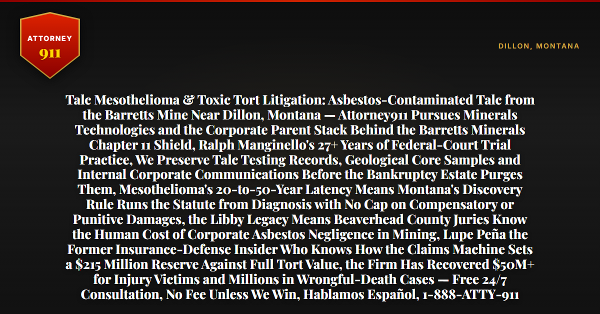 Talc Mesothelioma & Toxic Tort Litigation: Asbestos-Contaminated Talc from the Barretts Mine Near Dillon, Montana — Attorney911 Pursues Minerals Technologies and the Corporate Parent Stack Behind the Barretts Minerals Chapter 11 Shield, Ralph Manginello's 27+ Years of Federal-Court Trial Practice, We Preserve Talc Testing Records, Geological Core Samples and Internal Corporate Communications Before the Bankruptcy Estate Purges Them, Mesothelioma's 20-to-50-Year Latency Means Montana's Discovery Rule Runs the Statute from Diagnosis with No Cap on Compensatory or Punitive Damages, the Libby Legacy Means Beaverhead County Juries Know the Human Cost of Corporate Asbestos Negligence in Mining, Lupe Peña the Former Insurance-Defense Insider Who Knows How the Claims Machine Sets a $215 Million Reserve Against Full Tort Value, the Firm Has Recovered $50M+ for Injury Victims and Millions in Wrongful-Death Cases — Free 24/7 Consultation, No Fee Unless We Win, Hablamos Español, 1-888-ATTY-911 - Attorney911