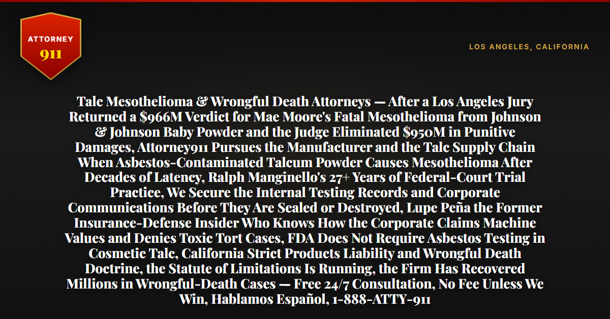Talc Mesothelioma & Wrongful Death Attorneys — After a Los Angeles Jury Returned a $966M Verdict for Mae Moore's Fatal Mesothelioma from Johnson & Johnson Baby Powder and the Judge Eliminated $950M in Punitive Damages, Attorney911 Pursues the Manufacturer and the Talc Supply Chain When Asbestos-Contaminated Talcum Powder Causes Mesothelioma After Decades of Latency, Ralph Manginello's 27+ Years of Federal-Court Trial Practice, We Secure the Internal Testing Records and Corporate Communications Before They Are Sealed or Destroyed, Lupe Peña the Former Insurance-Defense Insider Who Knows How the Corporate Claims Machine Values and Denies Toxic Tort Cases, FDA Does Not Require Asbestos Testing in Cosmetic Talc, California Strict Products Liability and Wrongful Death Doctrine, the Statute of Limitations Is Running, the Firm Has Recovered Millions in Wrongful-Death Cases — Free 24/7 Consultation, No Fee Unless We Win, Hablamos Español, 1-888-ATTY-911 - Attorney911