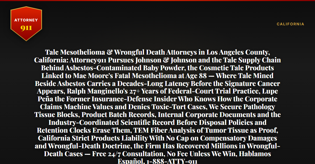 Talc Mesothelioma & Wrongful Death Attorneys in Los Angeles County, California: Attorney911 Pursues Johnson & Johnson and the Talc Supply Chain Behind Asbestos-Contaminated Baby Powder, the Cosmetic Talc Products Linked to Mae Moore's Fatal Mesothelioma at Age 88 — Where Talc Mined Beside Asbestos Carries a Decades-Long Latency Before the Signature Cancer Appears, Ralph Manginello's 27+ Years of Federal-Court Trial Practice, Lupe Peña the Former Insurance-Defense Insider Who Knows How the Corporate Claims Machine Values and Denies Toxic-Tort Cases, We Secure Pathology Tissue Blocks, Product Batch Records, Internal Corporate Documents and the Industry-Coordinated Scientific Record Before Disposal Policies and Retention Clocks Erase Them, TEM Fiber Analysis of Tumor Tissue as Proof, California Strict Products Liability With No Cap on Compensatory Damages and Wrongful-Death Doctrine, the Firm Has Recovered Millions in Wrongful-Death Cases — Free 24/7 Consultation, No Fee Unless We Win, Hablamos Español, 1-888-ATTY-911 - Attorney911
