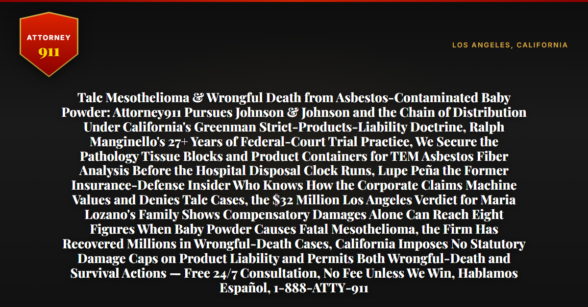 Talc Mesothelioma & Wrongful Death from Asbestos-Contaminated Baby Powder: Attorney911 Pursues Johnson & Johnson and the Chain of Distribution Under California's Greenman Strict-Products-Liability Doctrine, Ralph Manginello's 27+ Years of Federal-Court Trial Practice, We Secure the Pathology Tissue Blocks and Product Containers for TEM Asbestos Fiber Analysis Before the Hospital Disposal Clock Runs, Lupe Peña the Former Insurance-Defense Insider Who Knows How the Corporate Claims Machine Values and Denies Talc Cases, the $32 Million Los Angeles Verdict for Maria Lozano's Family Shows Compensatory Damages Alone Can Reach Eight Figures When Baby Powder Causes Fatal Mesothelioma, the Firm Has Recovered Millions in Wrongful-Death Cases, California Imposes No Statutory Damage Caps on Product Liability and Permits Both Wrongful-Death and Survival Actions — Free 24/7 Consultation, No Fee Unless We Win, Hablamos Español, 1-888-ATTY-911 - Attorney911