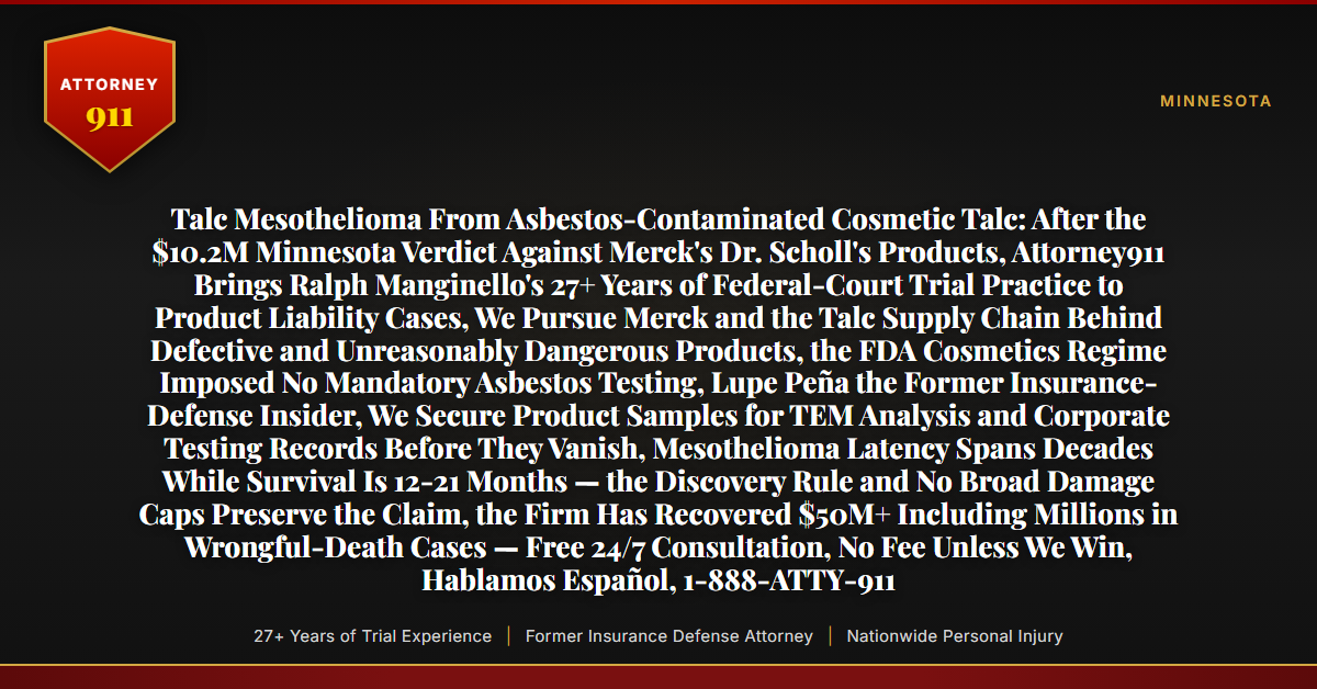 Talc Mesothelioma From Asbestos-Contaminated Cosmetic Talc: After the $10.2M Minnesota Verdict Against Merck's Dr. Scholl's Products, Attorney911 Brings Ralph Manginello's 27+ Years of Federal-Court Trial Practice to Product Liability Cases, We Pursue Merck and the Talc Supply Chain Behind Defective and Unreasonably Dangerous Products, the FDA Cosmetics Regime Imposed No Mandatory Asbestos Testing, Lupe Peña the Former Insurance-Defense Insider, We Secure Product Samples for TEM Analysis and Corporate Testing Records Before They Vanish, Mesothelioma Latency Spans Decades While Survival Is 12-21 Months — the Discovery Rule and No Broad Damage Caps Preserve the Claim, the Firm Has Recovered $50M+ Including Millions in Wrongful-Death Cases — Free 24/7 Consultation, No Fee Unless We Win, Hablamos Español, 1-888-ATTY-911 - Attorney911