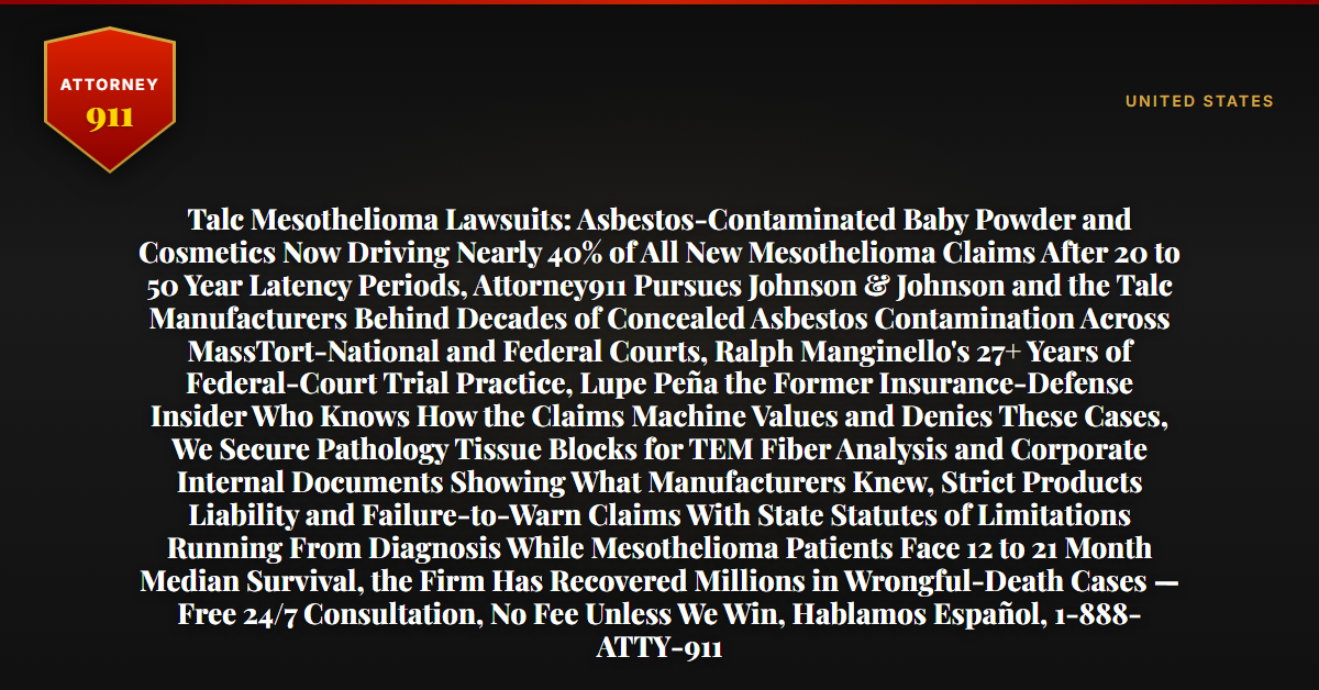 Talc Mesothelioma Lawsuits: Asbestos-Contaminated Baby Powder and Cosmetics Now Driving Nearly 40% of All New Mesothelioma Claims After 20 to 50 Year Latency Periods, Attorney911 Pursues Johnson & Johnson and the Talc Manufacturers Behind Decades of Concealed Asbestos Contamination Across MassTort-National and Federal Courts, Ralph Manginello's 27+ Years of Federal-Court Trial Practice, Lupe Peña the Former Insurance-Defense Insider Who Knows How the Claims Machine Values and Denies These Cases, We Secure Pathology Tissue Blocks for TEM Fiber Analysis and Corporate Internal Documents Showing What Manufacturers Knew, Strict Products Liability and Failure-to-Warn Claims With State Statutes of Limitations Running From Diagnosis While Mesothelioma Patients Face 12 to 21 Month Median Survival, the Firm Has Recovered Millions in Wrongful-Death Cases — Free 24/7 Consultation, No Fee Unless We Win, Hablamos Español, 1-888-ATTY-911 - Attorney911