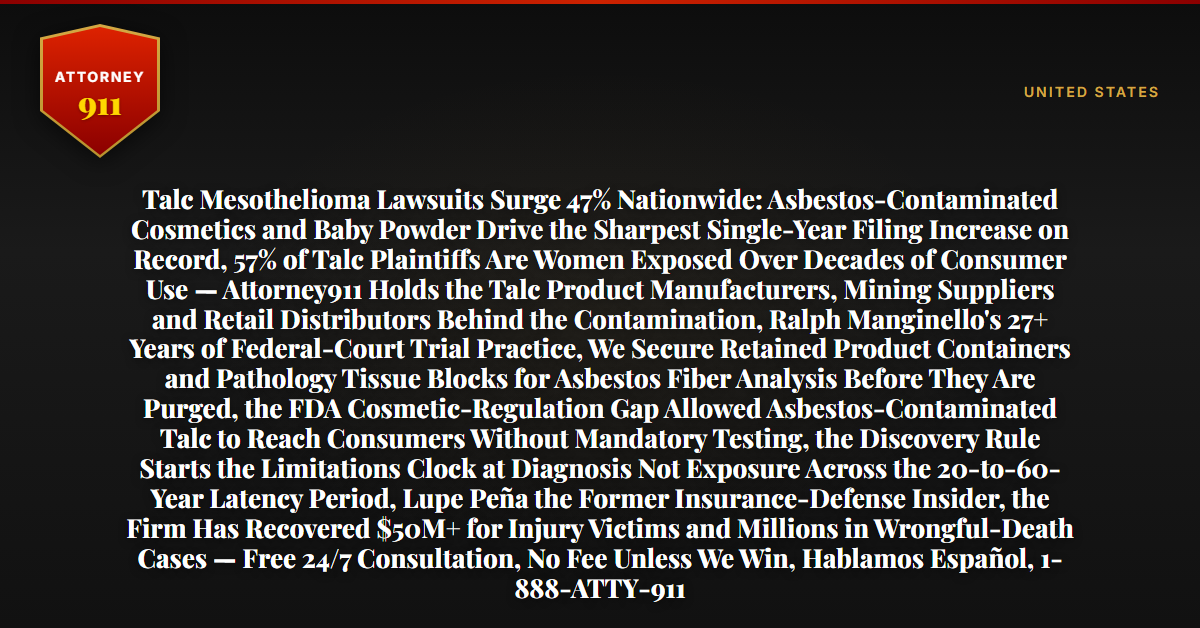 Talc Mesothelioma Lawsuits Surge 47% Nationwide: Asbestos-Contaminated Cosmetics and Baby Powder Drive the Sharpest Single-Year Filing Increase on Record, 57% of Talc Plaintiffs Are Women Exposed Over Decades of Consumer Use — Attorney911 Holds the Talc Product Manufacturers, Mining Suppliers and Retail Distributors Behind the Contamination, Ralph Manginello's 27+ Years of Federal-Court Trial Practice, We Secure Retained Product Containers and Pathology Tissue Blocks for Asbestos Fiber Analysis Before They Are Purged, the FDA Cosmetic-Regulation Gap Allowed Asbestos-Contaminated Talc to Reach Consumers Without Mandatory Testing, the Discovery Rule Starts the Limitations Clock at Diagnosis Not Exposure Across the 20-to-60-Year Latency Period, Lupe Peña the Former Insurance-Defense Insider, the Firm Has Recovered $50M+ for Injury Victims and Millions in Wrongful-Death Cases — Free 24/7 Consultation, No Fee Unless We Win, Hablamos Español, 1-888-ATTY-911 - Attorney911