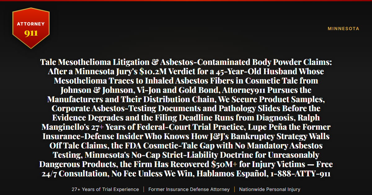 Talc Mesothelioma Litigation & Asbestos-Contaminated Body Powder Claims: After a Minnesota Jury's $10.2M Verdict for a 45-Year-Old Husband Whose Mesothelioma Traces to Inhaled Asbestos Fibers in Cosmetic Talc from Johnson & Johnson, Vi-Jon and Gold Bond, Attorney911 Pursues the Manufacturers and Their Distribution Chain, We Secure Product Samples, Corporate Asbestos-Testing Documents and Pathology Slides Before the Evidence Degrades and the Filing Deadline Runs from Diagnosis, Ralph Manginello's 27+ Years of Federal-Court Trial Practice, Lupe Peña the Former Insurance-Defense Insider Who Knows How J&J's Bankruptcy Strategy Walls Off Talc Claims, the FDA Cosmetic-Talc Gap with No Mandatory Asbestos Testing, Minnesota's No-Cap Strict-Liability Doctrine for Unreasonably Dangerous Products, the Firm Has Recovered $50M+ for Injury Victims — Free 24/7 Consultation, No Fee Unless We Win, Hablamos Español, 1-888-ATTY-911 - Attorney911