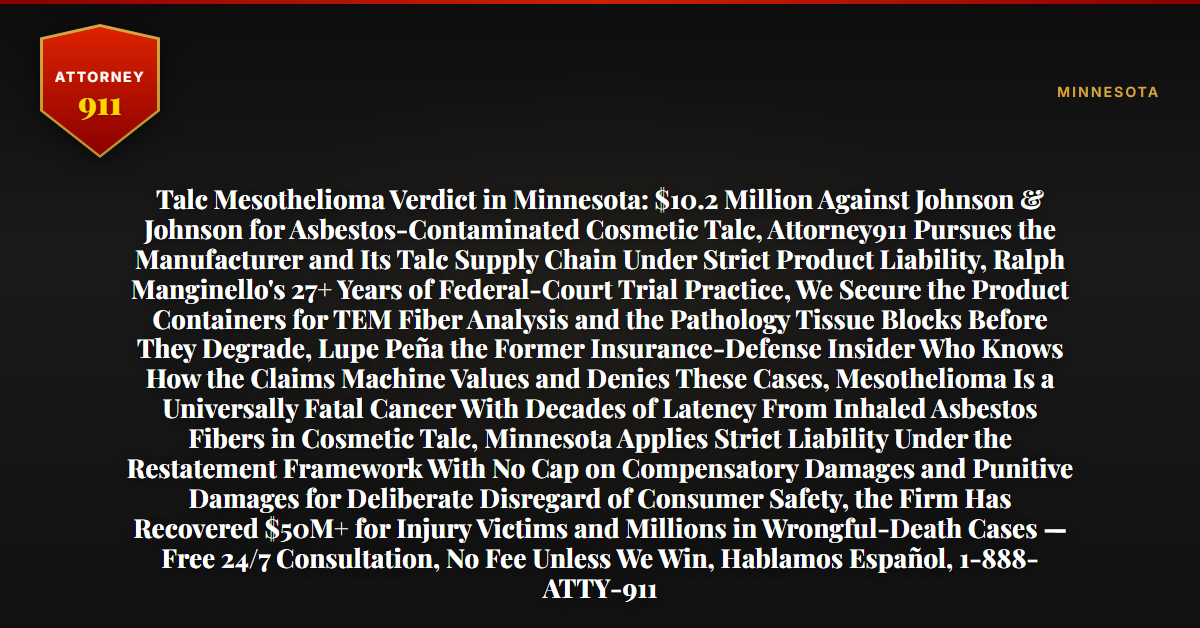 Talc Mesothelioma Verdict in Minnesota: $10.2 Million Against Johnson & Johnson for Asbestos-Contaminated Cosmetic Talc, Attorney911 Pursues the Manufacturer and Its Talc Supply Chain Under Strict Product Liability, Ralph Manginello's 27+ Years of Federal-Court Trial Practice, We Secure the Product Containers for TEM Fiber Analysis and the Pathology Tissue Blocks Before They Degrade, Lupe Peña the Former Insurance-Defense Insider Who Knows How the Claims Machine Values and Denies These Cases, Mesothelioma Is a Universally Fatal Cancer With Decades of Latency From Inhaled Asbestos Fibers in Cosmetic Talc, Minnesota Applies Strict Liability Under the Restatement Framework With No Cap on Compensatory Damages and Punitive Damages for Deliberate Disregard of Consumer Safety, the Firm Has Recovered $50M+ for Injury Victims and Millions in Wrongful-Death Cases — Free 24/7 Consultation, No Fee Unless We Win, Hablamos Español, 1-888-ATTY-911 - Attorney911