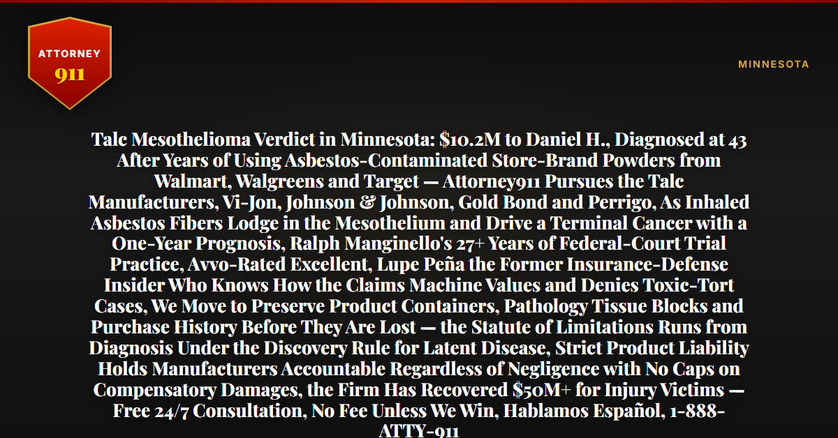 Talc Mesothelioma Verdict in Minnesota: $10.2M to Daniel H., Diagnosed at 43 After Years of Using Asbestos-Contaminated Store-Brand Powders from Walmart, Walgreens and Target — Attorney911 Pursues the Talc Manufacturers, Vi-Jon, Johnson & Johnson, Gold Bond and Perrigo, As Inhaled Asbestos Fibers Lodge in the Mesothelium and Drive a Terminal Cancer with a One-Year Prognosis, Ralph Manginello's 27+ Years of Federal-Court Trial Practice, Avvo-Rated Excellent, Lupe Peña the Former Insurance-Defense Insider Who Knows How the Claims Machine Values and Denies Toxic-Tort Cases, We Move to Preserve Product Containers, Pathology Tissue Blocks and Purchase History Before They Are Lost — the Statute of Limitations Runs from Diagnosis Under the Discovery Rule for Latent Disease, Strict Product Liability Holds Manufacturers Accountable Regardless of Negligence with No Caps on Compensatory Damages, the Firm Has Recovered $50M+ for Injury Victims — Free 24/7 Consultation, No Fee Unless We Win, Hablamos Español, 1-888-ATTY-911 - Attorney911