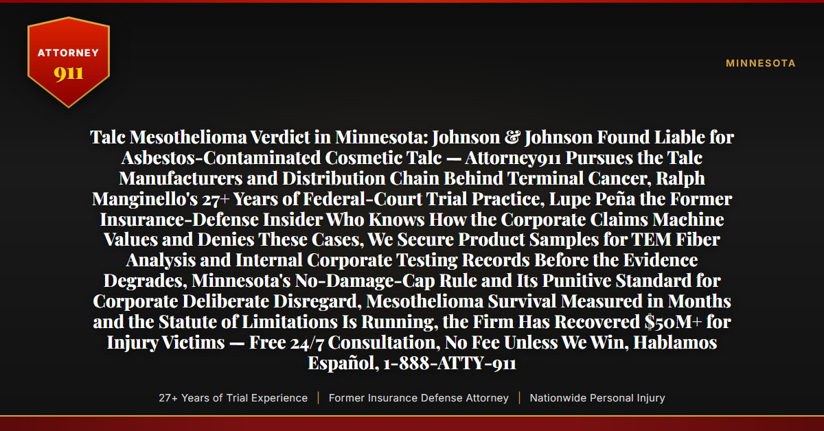 Talc Mesothelioma Verdict in Minnesota: Johnson & Johnson Found Liable for Asbestos-Contaminated Cosmetic Talc — Attorney911 Pursues the Talc Manufacturers and Distribution Chain Behind Terminal Cancer, Ralph Manginello's 27+ Years of Federal-Court Trial Practice, Lupe Peña the Former Insurance-Defense Insider Who Knows How the Corporate Claims Machine Values and Denies These Cases, We Secure Product Samples for TEM Fiber Analysis and Internal Corporate Testing Records Before the Evidence Degrades, Minnesota's No-Damage-Cap Rule and Its Punitive Standard for Corporate Deliberate Disregard, Mesothelioma Survival Measured in Months and the Statute of Limitations Is Running, the Firm Has Recovered $50M+ for Injury Victims — Free 24/7 Consultation, No Fee Unless We Win, Hablamos Español, 1-888-ATTY-911 - Attorney911
