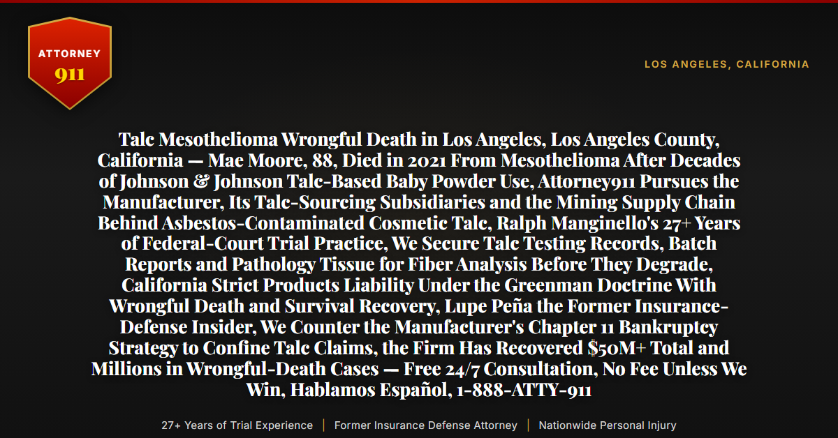 Talc Mesothelioma Wrongful Death in Los Angeles, Los Angeles County, California — Mae Moore, 88, Died in 2021 From Mesothelioma After Decades of Johnson & Johnson Talc-Based Baby Powder Use, Attorney911 Pursues the Manufacturer, Its Talc-Sourcing Subsidiaries and the Mining Supply Chain Behind Asbestos-Contaminated Cosmetic Talc, Ralph Manginello's 27+ Years of Federal-Court Trial Practice, We Secure Talc Testing Records, Batch Reports and Pathology Tissue for Fiber Analysis Before They Degrade, California Strict Products Liability Under the Greenman Doctrine With Wrongful Death and Survival Recovery, Lupe Peña the Former Insurance-Defense Insider, We Counter the Manufacturer's Chapter 11 Bankruptcy Strategy to Confine Talc Claims, the Firm Has Recovered $50M+ Total and Millions in Wrongful-Death Cases — Free 24/7 Consultation, No Fee Unless We Win, Hablamos Español, 1-888-ATTY-911 - Attorney911