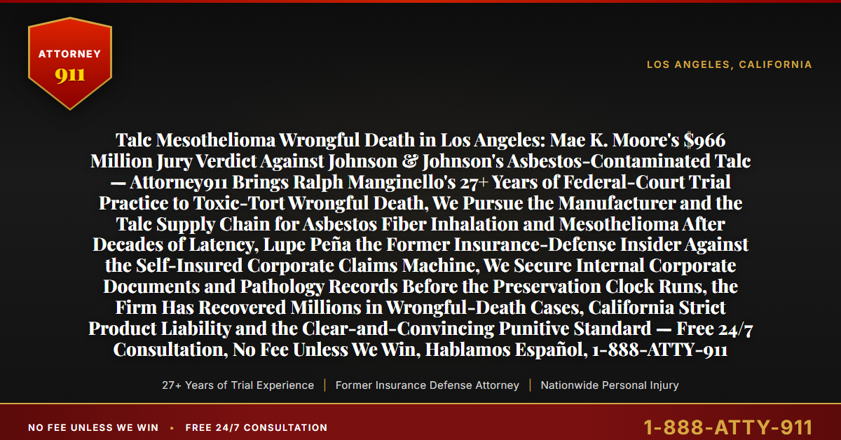 Talc Mesothelioma Wrongful Death in Los Angeles: Mae K. Moore's $966 Million Jury Verdict Against Johnson & Johnson's Asbestos-Contaminated Talc — Attorney911 Brings Ralph Manginello's 27+ Years of Federal-Court Trial Practice to Toxic-Tort Wrongful Death, We Pursue the Manufacturer and the Talc Supply Chain for Asbestos Fiber Inhalation and Mesothelioma After Decades of Latency, Lupe Peña the Former Insurance-Defense Insider Against the Self-Insured Corporate Claims Machine, We Secure Internal Corporate Documents and Pathology Records Before the Preservation Clock Runs, the Firm Has Recovered Millions in Wrongful-Death Cases, California Strict Product Liability and the Clear-and-Convincing Punitive Standard — Free 24/7 Consultation, No Fee Unless We Win, Hablamos Español, 1-888-ATTY-911 - Attorney911
