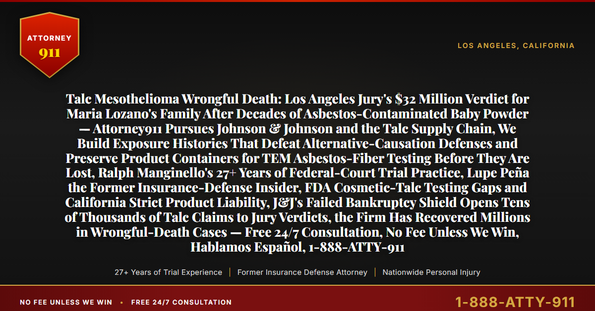 Talc Mesothelioma Wrongful Death: Los Angeles Jury's $32 Million Verdict for Maria Lozano's Family After Decades of Asbestos-Contaminated Baby Powder — Attorney911 Pursues Johnson & Johnson and the Talc Supply Chain, We Build Exposure Histories That Defeat Alternative-Causation Defenses and Preserve Product Containers for TEM Asbestos-Fiber Testing Before They Are Lost, Ralph Manginello's 27+ Years of Federal-Court Trial Practice, Lupe Peña the Former Insurance-Defense Insider, FDA Cosmetic-Talc Testing Gaps and California Strict Product Liability, J&J's Failed Bankruptcy Shield Opens Tens of Thousands of Talc Claims to Jury Verdicts, the Firm Has Recovered Millions in Wrongful-Death Cases — Free 24/7 Consultation, No Fee Unless We Win, Hablamos Español, 1-888-ATTY-911 - Attorney911