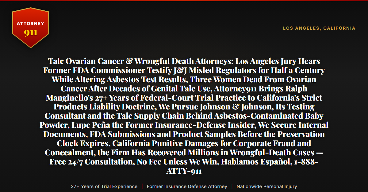 Talc Ovarian Cancer & Wrongful Death Attorneys: Los Angeles Jury Hears Former FDA Commissioner Testify J&J Misled Regulators for Half a Century While Altering Asbestos Test Results, Three Women Dead From Ovarian Cancer After Decades of Genital Talc Use, Attorney911 Brings Ralph Manginello's 27+ Years of Federal-Court Trial Practice to California's Strict Products Liability Doctrine, We Pursue Johnson & Johnson, Its Testing Consultant and the Talc Supply Chain Behind Asbestos-Contaminated Baby Powder, Lupe Peña the Former Insurance-Defense Insider, We Secure Internal Documents, FDA Submissions and Product Samples Before the Preservation Clock Expires, California Punitive Damages for Corporate Fraud and Concealment, the Firm Has Recovered Millions in Wrongful-Death Cases — Free 24/7 Consultation, No Fee Unless We Win, Hablamos Español, 1-888-ATTY-911 - Attorney911