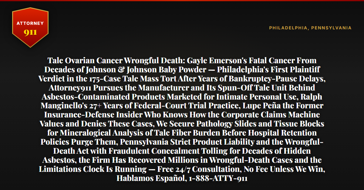 Talc Ovarian Cancer Wrongful Death: Gayle Emerson's Fatal Cancer From Decades of Johnson & Johnson Baby Powder — Philadelphia's First Plaintiff Verdict in the 175-Case Talc Mass Tort After Years of Bankruptcy-Pause Delays, Attorney911 Pursues the Manufacturer and Its Spun-Off Talc Unit Behind Asbestos-Contaminated Products Marketed for Intimate Personal Use, Ralph Manginello's 27+ Years of Federal-Court Trial Practice, Lupe Peña the Former Insurance-Defense Insider Who Knows How the Corporate Claims Machine Values and Denies These Cases, We Secure Pathology Slides and Tissue Blocks for Mineralogical Analysis of Talc Fiber Burden Before Hospital Retention Policies Purge Them, Pennsylvania Strict Product Liability and the Wrongful-Death Act with Fraudulent Concealment Tolling for Decades of Hidden Asbestos, the Firm Has Recovered Millions in Wrongful-Death Cases and the Limitations Clock Is Running — Free 24/7 Consultation, No Fee Unless We Win, Hablamos Español, 1-888-ATTY-911 - Attorney911