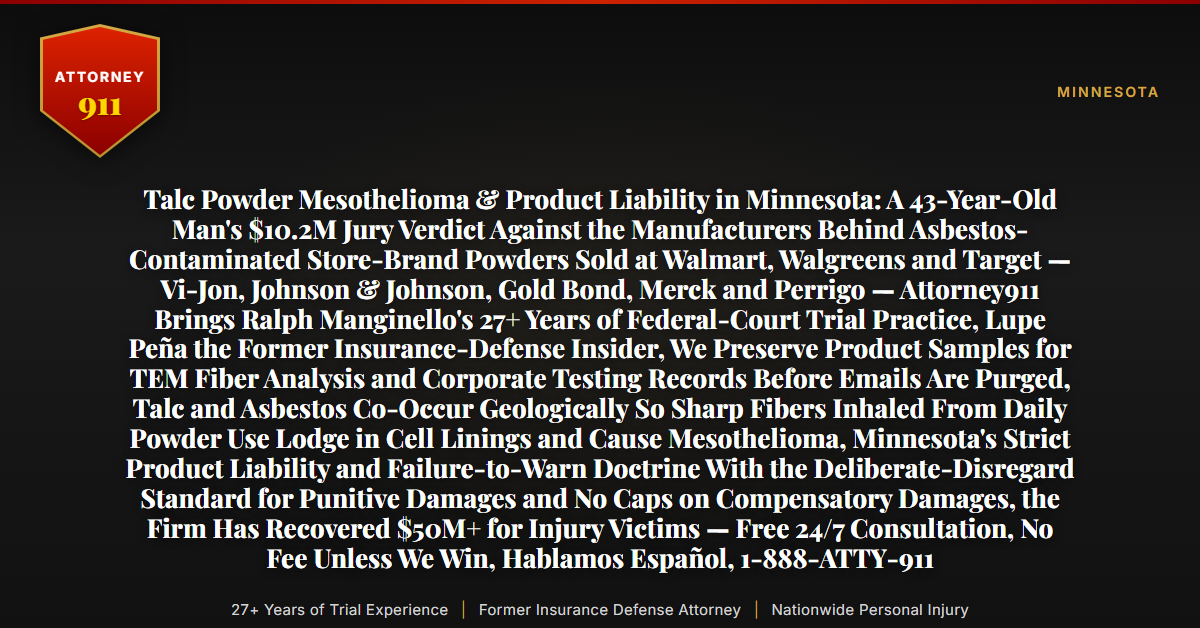 Talc Powder Mesothelioma & Product Liability in Minnesota: A 43-Year-Old Man's $10.2M Jury Verdict Against the Manufacturers Behind Asbestos-Contaminated Store-Brand Powders Sold at Walmart, Walgreens and Target — Vi-Jon, Johnson & Johnson, Gold Bond, Merck and Perrigo — Attorney911 Brings Ralph Manginello's 27+ Years of Federal-Court Trial Practice, Lupe Peña the Former Insurance-Defense Insider, We Preserve Product Samples for TEM Fiber Analysis and Corporate Testing Records Before Emails Are Purged, Talc and Asbestos Co-Occur Geologically So Sharp Fibers Inhaled From Daily Powder Use Lodge in Cell Linings and Cause Mesothelioma, Minnesota's Strict Product Liability and Failure-to-Warn Doctrine With the Deliberate-Disregard Standard for Punitive Damages and No Caps on Compensatory Damages, the Firm Has Recovered $50M+ for Injury Victims — Free 24/7 Consultation, No Fee Unless We Win, Hablamos Español, 1-888-ATTY-911 - Attorney911