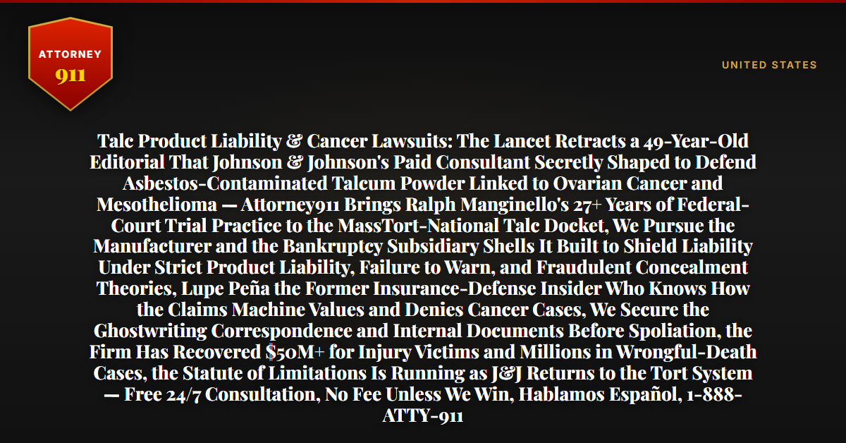 Talc Product Liability & Cancer Lawsuits: The Lancet Retracts a 49-Year-Old Editorial That Johnson & Johnson's Paid Consultant Secretly Shaped to Defend Asbestos-Contaminated Talcum Powder Linked to Ovarian Cancer and Mesothelioma — Attorney911 Brings Ralph Manginello's 27+ Years of Federal-Court Trial Practice to the MassTort-National Talc Docket, We Pursue the Manufacturer and the Bankruptcy Subsidiary Shells It Built to Shield Liability Under Strict Product Liability, Failure to Warn, and Fraudulent Concealment Theories, Lupe Peña the Former Insurance-Defense Insider Who Knows How the Claims Machine Values and Denies Cancer Cases, We Secure the Ghostwriting Correspondence and Internal Documents Before Spoliation, the Firm Has Recovered $50M+ for Injury Victims and Millions in Wrongful-Death Cases, the Statute of Limitations Is Running as J&J Returns to the Tort System — Free 24/7 Consultation, No Fee Unless We Win, Hablamos Español, 1-888-ATTY-911 - Attorney911