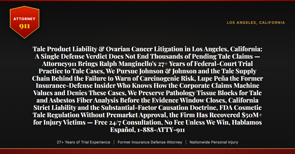 Talc Product Liability & Ovarian Cancer Litigation in Los Angeles, California: A Single Defense Verdict Does Not End Thousands of Pending Talc Claims — Attorney911 Brings Ralph Manginello's 27+ Years of Federal-Court Trial Practice to Talc Cases, We Pursue Johnson & Johnson and the Talc Supply Chain Behind the Failure to Warn of Carcinogenic Risk, Lupe Peña the Former Insurance-Defense Insider Who Knows How the Corporate Claims Machine Values and Denies These Cases, We Preserve Pathology Tissue Blocks for Talc and Asbestos Fiber Analysis Before the Evidence Window Closes, California Strict Liability and the Substantial-Factor Causation Doctrine, FDA Cosmetic Talc Regulation Without Premarket Approval, the Firm Has Recovered $50M+ for Injury Victims — Free 24/7 Consultation, No Fee Unless We Win, Hablamos Español, 1-888-ATTY-911 - Attorney911