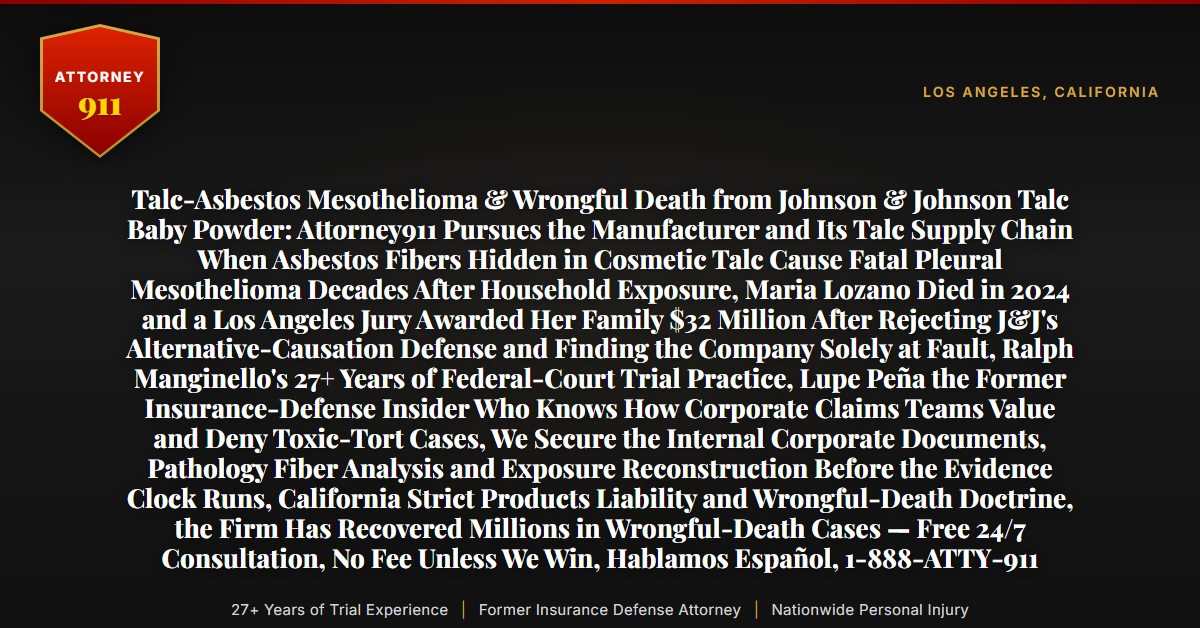 Talc-Asbestos Mesothelioma & Wrongful Death from Johnson & Johnson Talc Baby Powder: Attorney911 Pursues the Manufacturer and Its Talc Supply Chain When Asbestos Fibers Hidden in Cosmetic Talc Cause Fatal Pleural Mesothelioma Decades After Household Exposure, Maria Lozano Died in 2024 and a Los Angeles Jury Awarded Her Family $32 Million After Rejecting J&J's Alternative-Causation Defense and Finding the Company Solely at Fault, Ralph Manginello's 27+ Years of Federal-Court Trial Practice, Lupe Peña the Former Insurance-Defense Insider Who Knows How Corporate Claims Teams Value and Deny Toxic-Tort Cases, We Secure the Internal Corporate Documents, Pathology Fiber Analysis and Exposure Reconstruction Before the Evidence Clock Runs, California Strict Products Liability and Wrongful-Death Doctrine, the Firm Has Recovered Millions in Wrongful-Death Cases — Free 24/7 Consultation, No Fee Unless We Win, Hablamos Español, 1-888-ATTY-911 - Attorney911