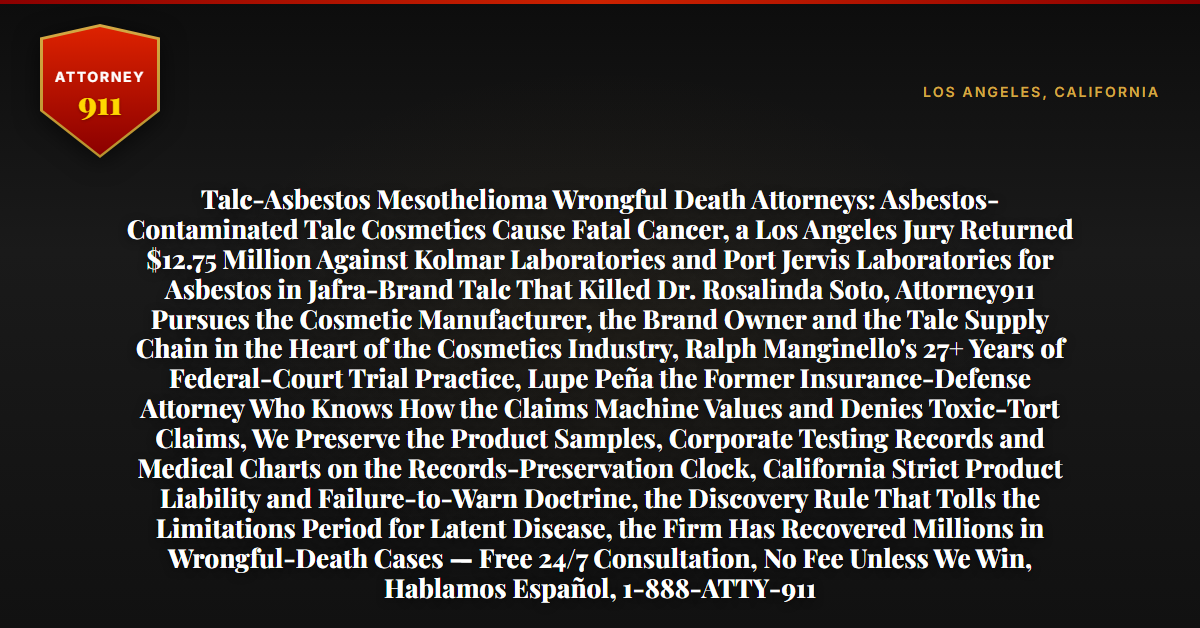 Talc-Asbestos Mesothelioma Wrongful Death Attorneys: Asbestos-Contaminated Talc Cosmetics Cause Fatal Cancer, a Los Angeles Jury Returned $12.75 Million Against Kolmar Laboratories and Port Jervis Laboratories for Asbestos in Jafra-Brand Talc That Killed Dr. Rosalinda Soto, Attorney911 Pursues the Cosmetic Manufacturer, the Brand Owner and the Talc Supply Chain in the Heart of the Cosmetics Industry, Ralph Manginello's 27+ Years of Federal-Court Trial Practice, Lupe Peña the Former Insurance-Defense Attorney Who Knows How the Claims Machine Values and Denies Toxic-Tort Claims, We Preserve the Product Samples, Corporate Testing Records and Medical Charts on the Records-Preservation Clock, California Strict Product Liability and Failure-to-Warn Doctrine, the Discovery Rule That Tolls the Limitations Period for Latent Disease, the Firm Has Recovered Millions in Wrongful-Death Cases — Free 24/7 Consultation, No Fee Unless We Win, Hablamos Español, 1-888-ATTY-911 - Attorney911