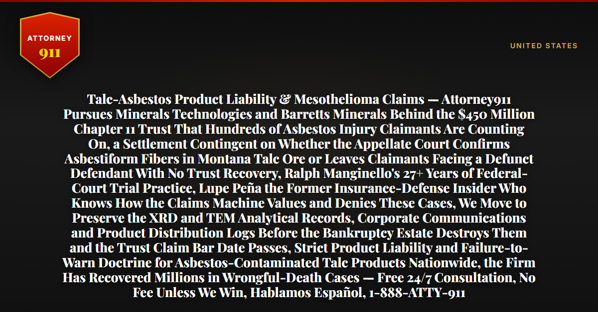 Talc-Asbestos Product Liability & Mesothelioma Claims — Attorney911 Pursues Minerals Technologies and Barretts Minerals Behind the $450 Million Chapter 11 Trust That Hundreds of Asbestos Injury Claimants Are Counting On, a Settlement Contingent on Whether the Appellate Court Confirms Asbestiform Fibers in Montana Talc Ore or Leaves Claimants Facing a Defunct Defendant With No Trust Recovery, Ralph Manginello's 27+ Years of Federal-Court Trial Practice, Lupe Peña the Former Insurance-Defense Insider Who Knows How the Claims Machine Values and Denies These Cases, We Move to Preserve the XRD and TEM Analytical Records, Corporate Communications and Product Distribution Logs Before the Bankruptcy Estate Destroys Them and the Trust Claim Bar Date Passes, Strict Product Liability and Failure-to-Warn Doctrine for Asbestos-Contaminated Talc Products Nationwide, the Firm Has Recovered Millions in Wrongful-Death Cases — Free 24/7 Consultation, No Fee Unless We Win, Hablamos Español, 1-888-ATTY-911 - Attorney911