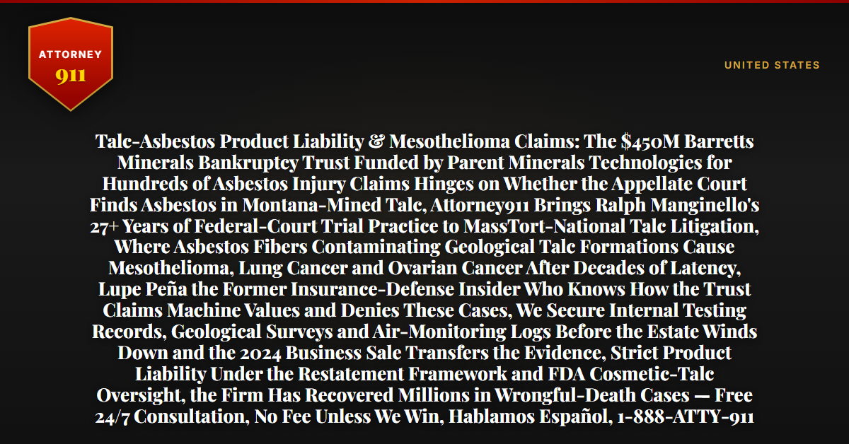 Talc-Asbestos Product Liability & Mesothelioma Claims: The $450M Barretts Minerals Bankruptcy Trust Funded by Parent Minerals Technologies for Hundreds of Asbestos Injury Claims Hinges on Whether the Appellate Court Finds Asbestos in Montana-Mined Talc, Attorney911 Brings Ralph Manginello's 27+ Years of Federal-Court Trial Practice to MassTort-National Talc Litigation, Where Asbestos Fibers Contaminating Geological Talc Formations Cause Mesothelioma, Lung Cancer and Ovarian Cancer After Decades of Latency, Lupe Peña the Former Insurance-Defense Insider Who Knows How the Trust Claims Machine Values and Denies These Cases, We Secure Internal Testing Records, Geological Surveys and Air-Monitoring Logs Before the Estate Winds Down and the 2024 Business Sale Transfers the Evidence, Strict Product Liability Under the Restatement Framework and FDA Cosmetic-Talc Oversight, the Firm Has Recovered Millions in Wrongful-Death Cases — Free 24/7 Consultation, No Fee Unless We Win, Hablamos Español, 1-888-ATTY-911 - Attorney911